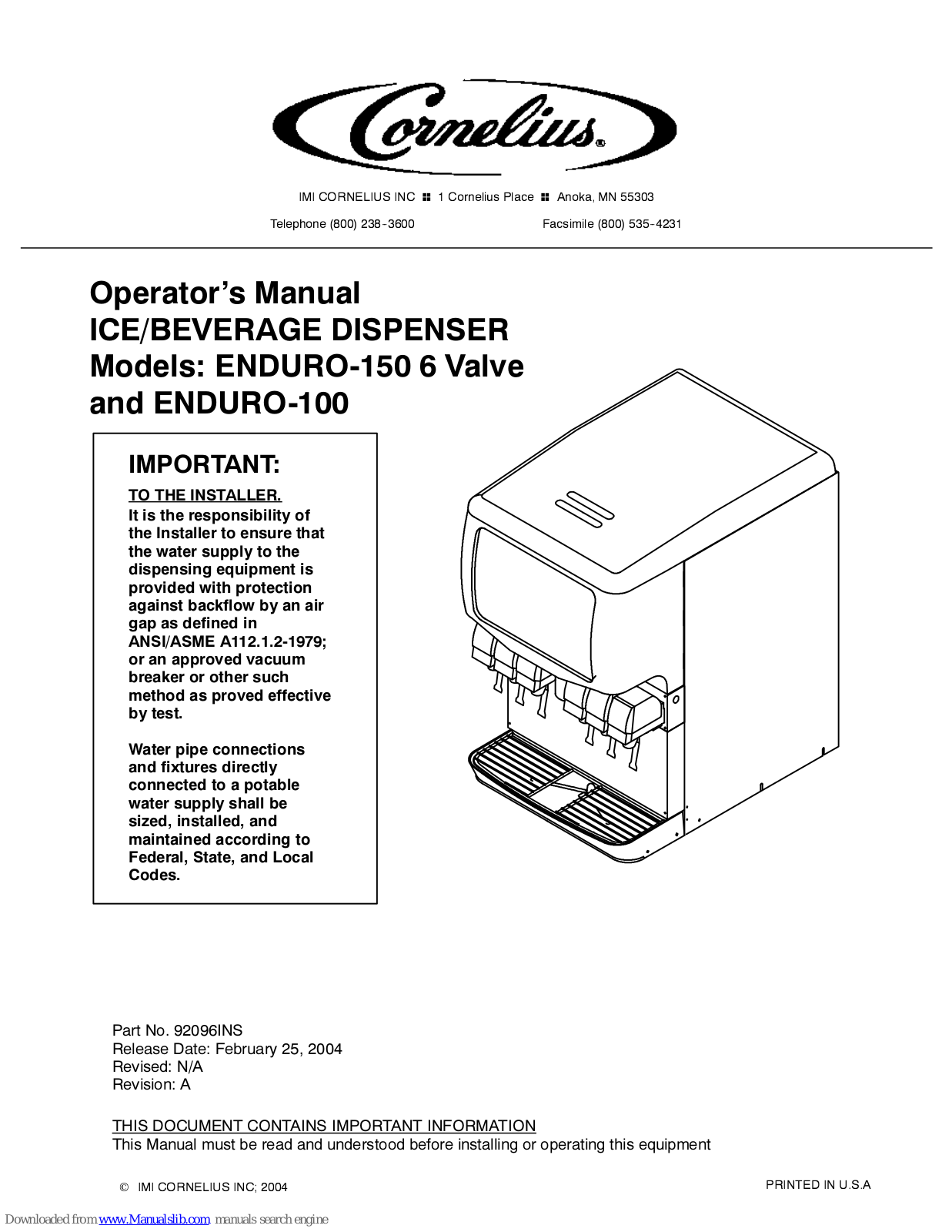 Cornelius ENDURO-150 6 Valve, ENDURO-100 Operator's Manual