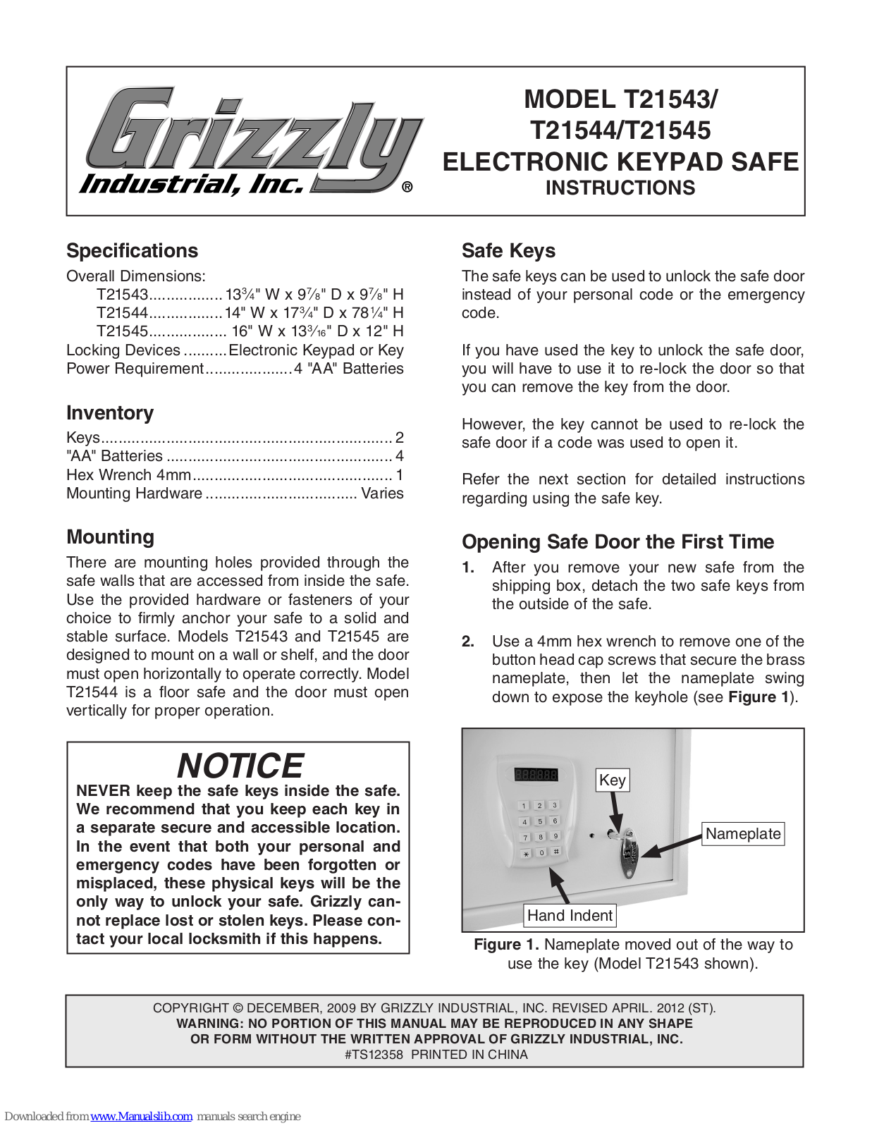 Grizzly T21544, T21546, T21545 Instructions Manual