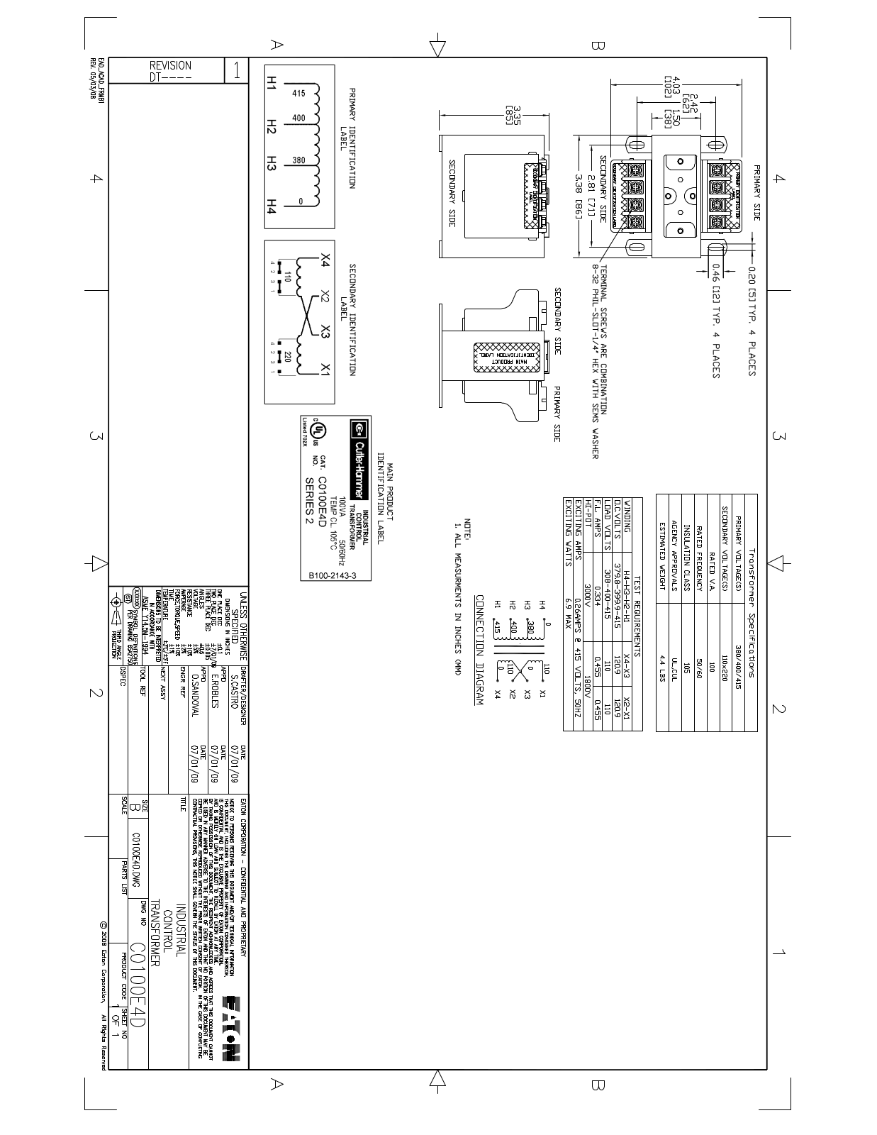 Cutler Hammer, Div of Eaton Corp C0100E4D Dimensional Sheet