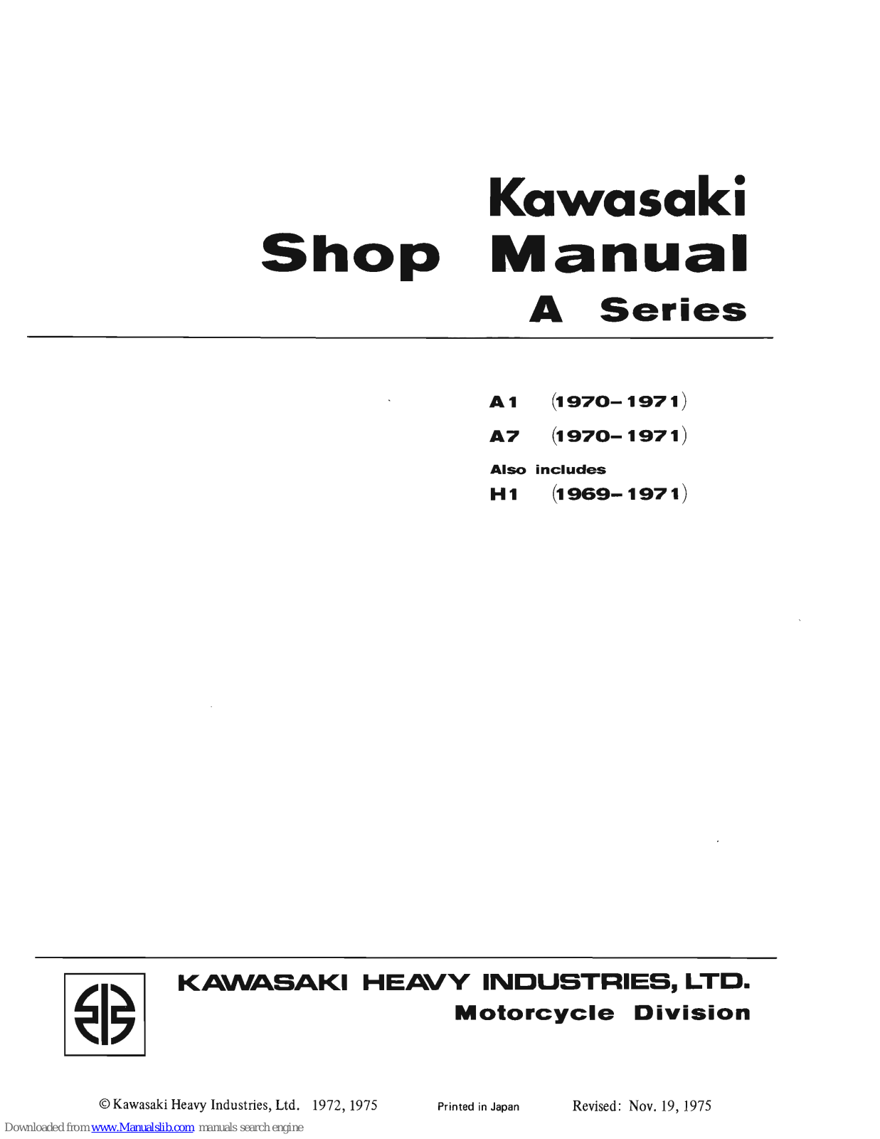 Kawasaki A1 1970, A7 1970, H1 1970, A7 1971, H1 1971 Shop Manual