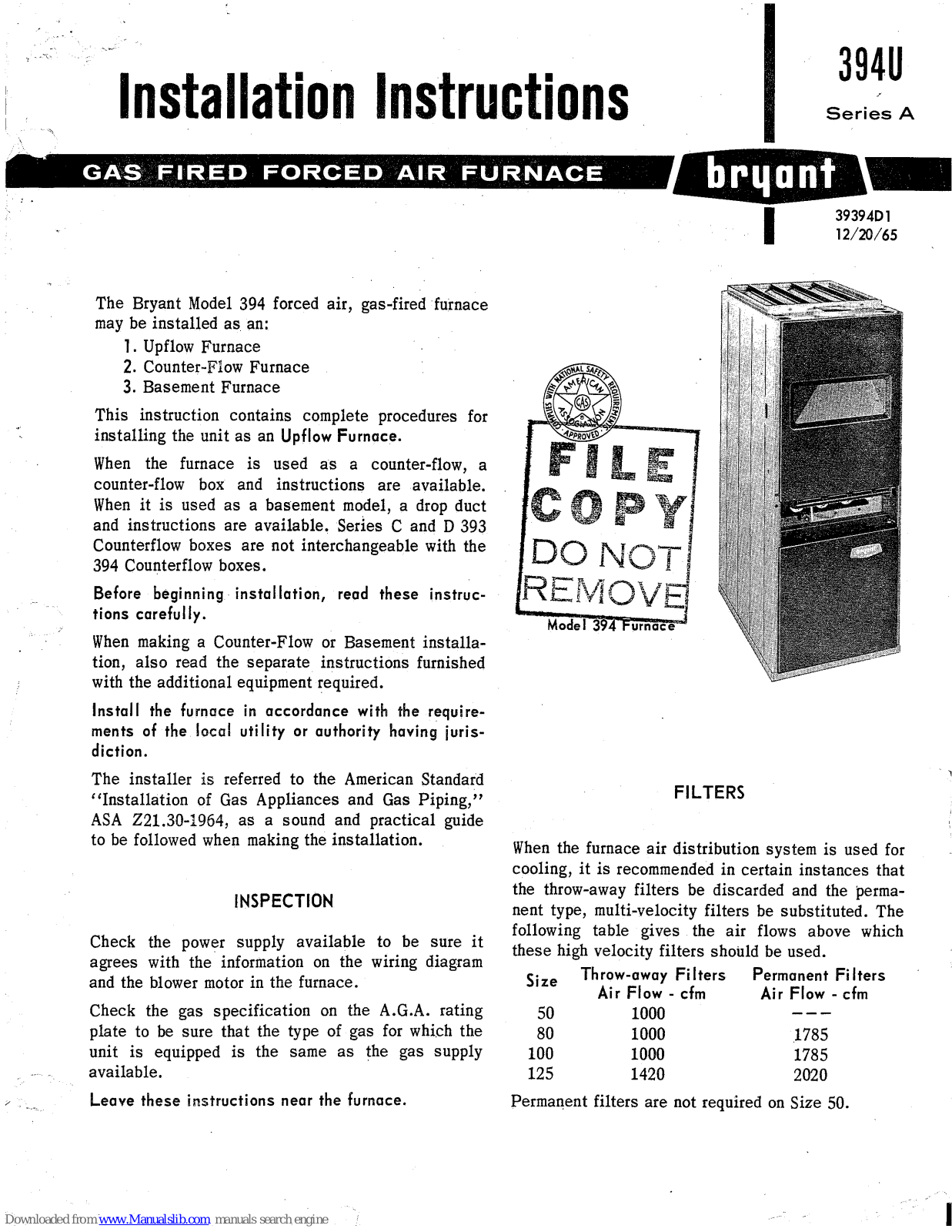 Bryant 50-394, 80-394, 100-394, 125-394, 150-394 Installation Instructions Manual