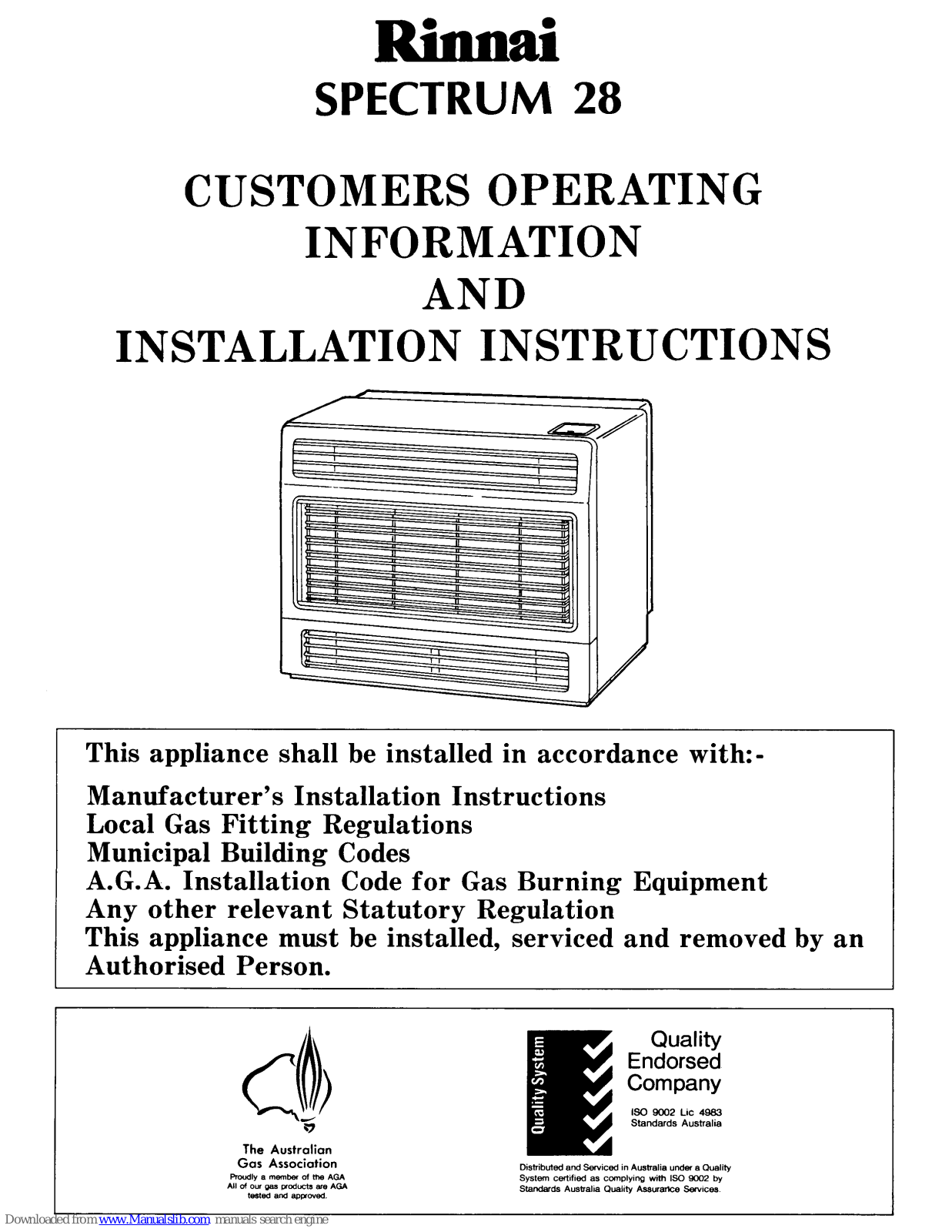 Rinnai Spectrum 28 Operating Information And Installation Instructions