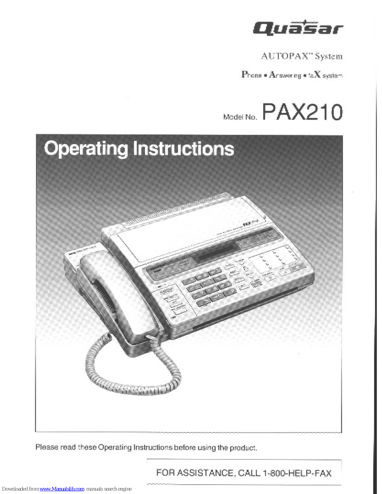 Quasar Autopax PAX210, PAX210 - CONSUMER FACSIMILE User Manual