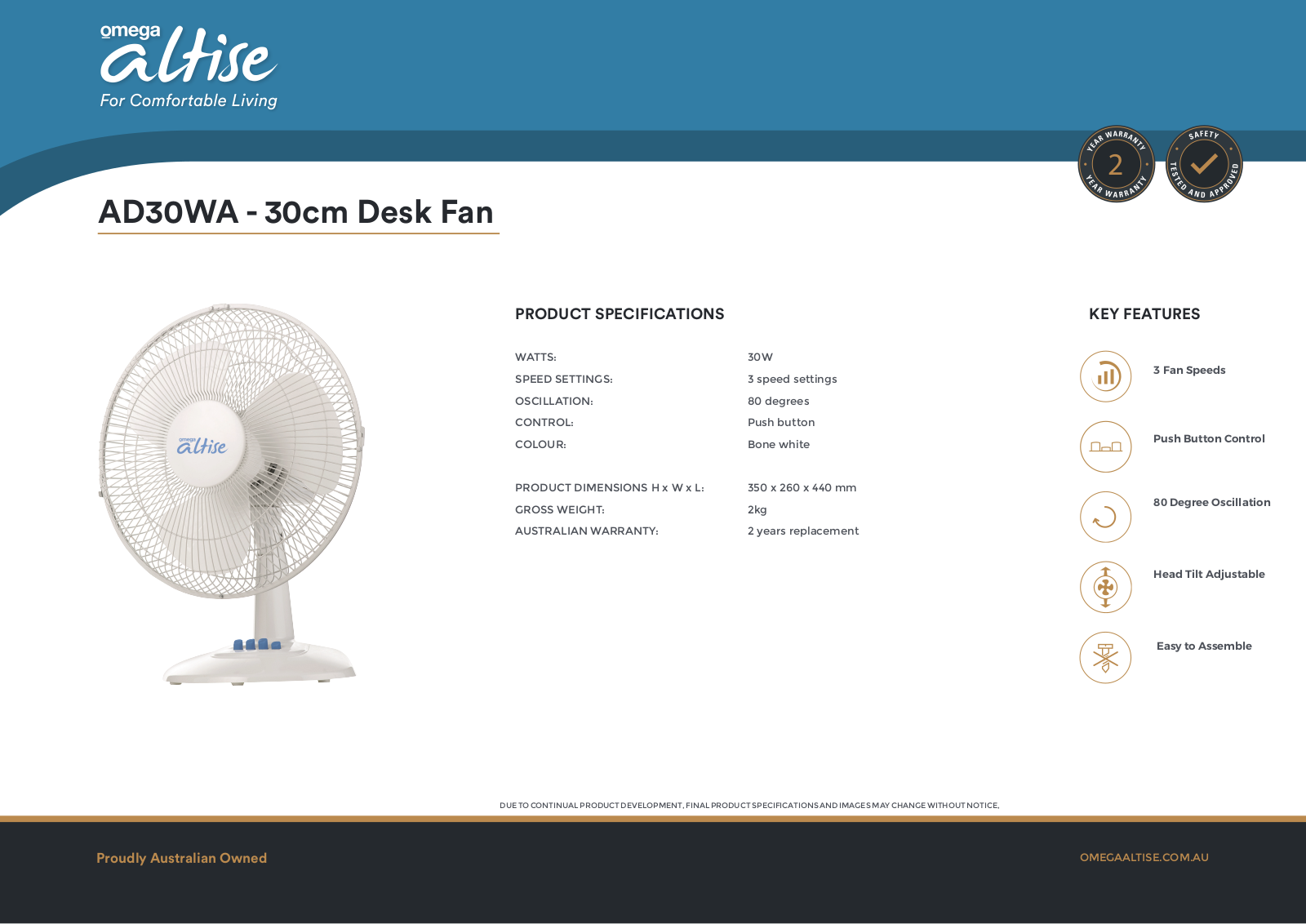 Omega Altise AD30WA Specifications Sheet