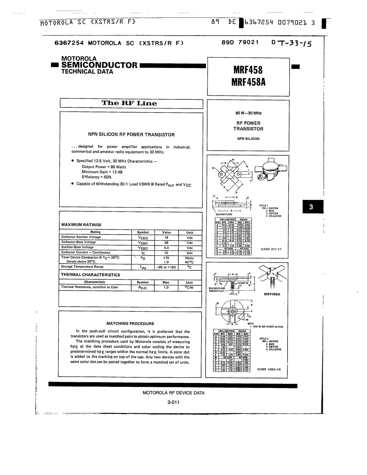 Datasheets MRF458, MRF458A Datasheet - ManualMachine.com