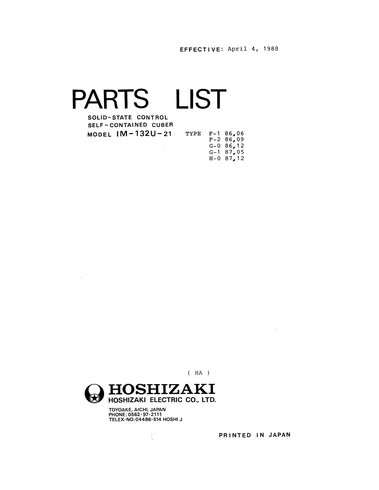 Hoshizaki America IM-132U-21-F-1 Parts List