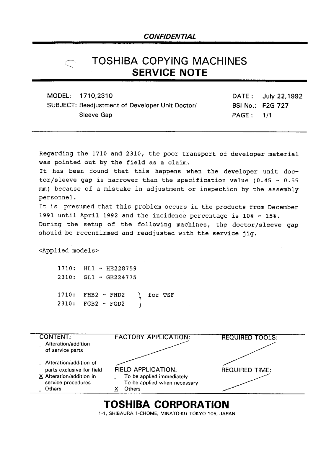 Toshiba f2g727 Service Note