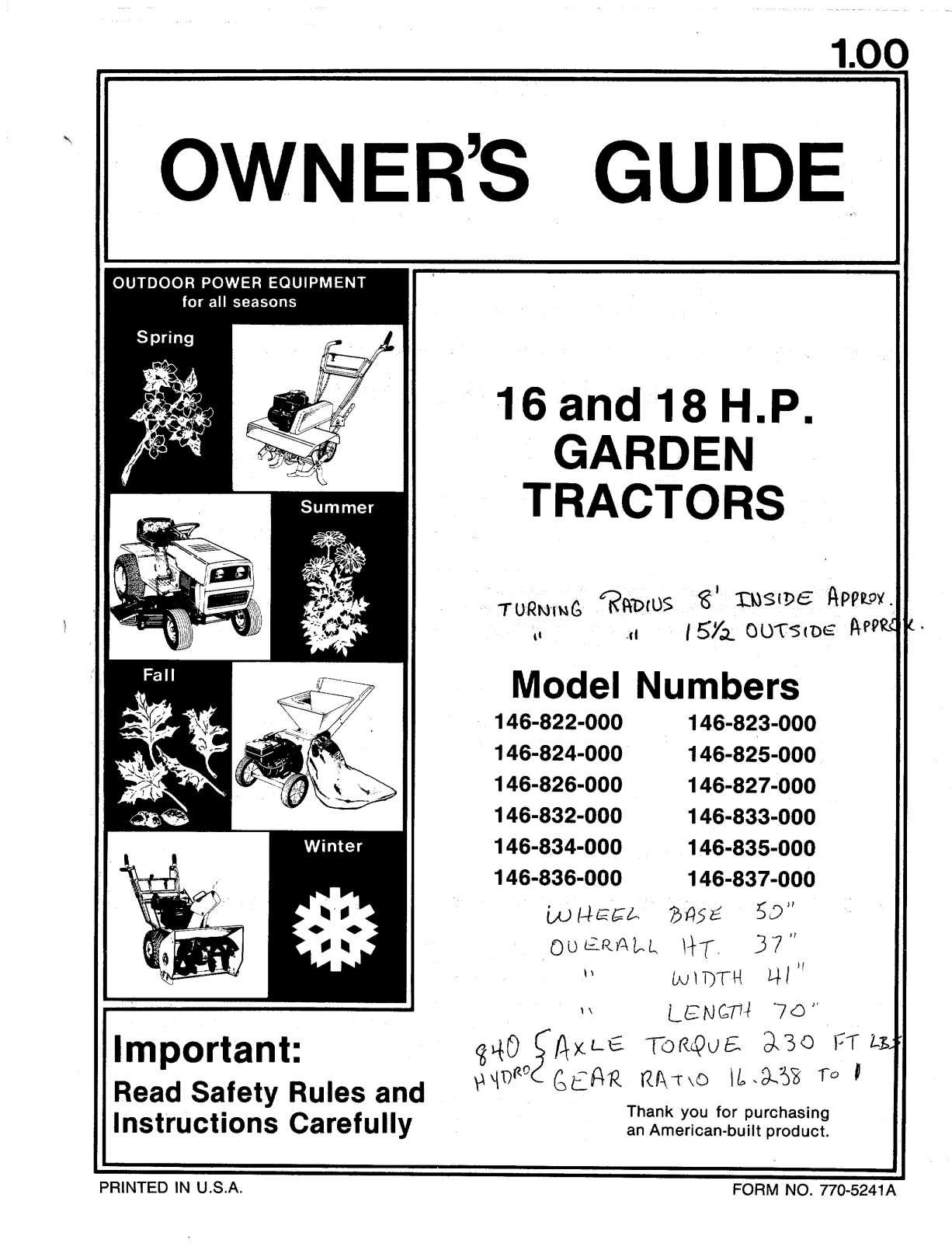 Mtd 146-822-000, 146-824-000, 146-826-000, 146-832-000, 146-834-000 owners Manual