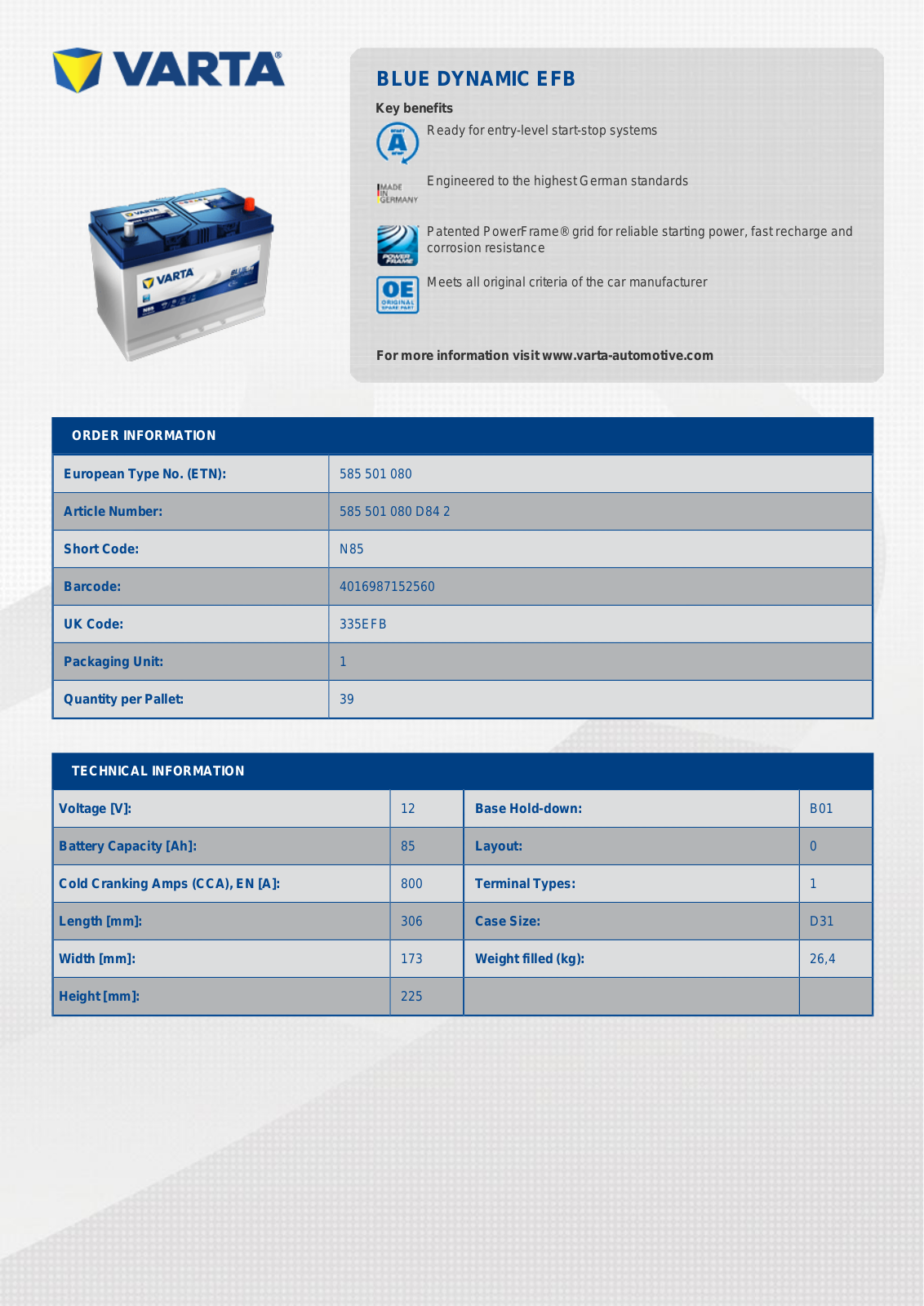 Varta EFB N85 data sheet - ManualMachine.com