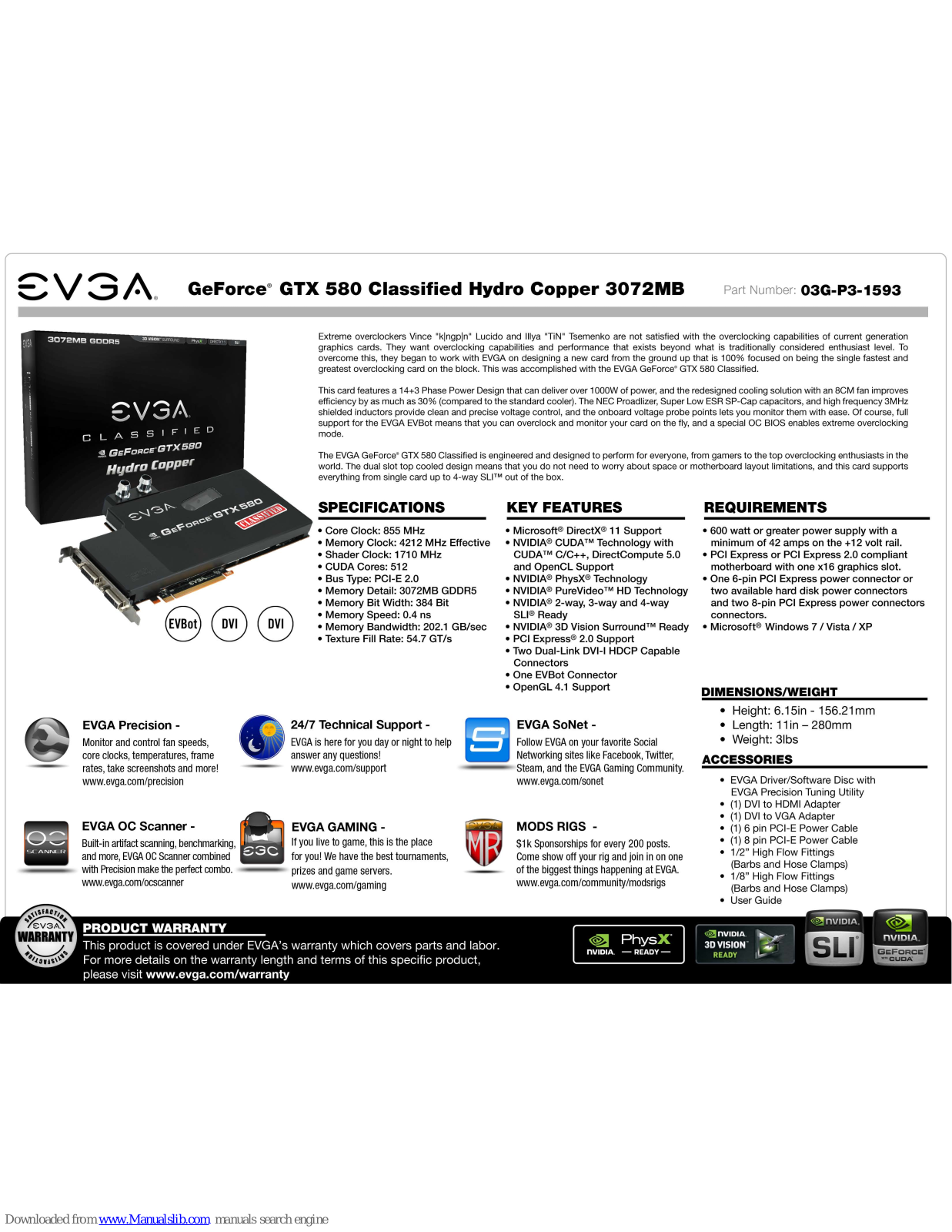 EVGA GeForce GTX 580 Classified Hydro Copper 3072MB, 03G-P3-1593 Specification - ManualMachine.com