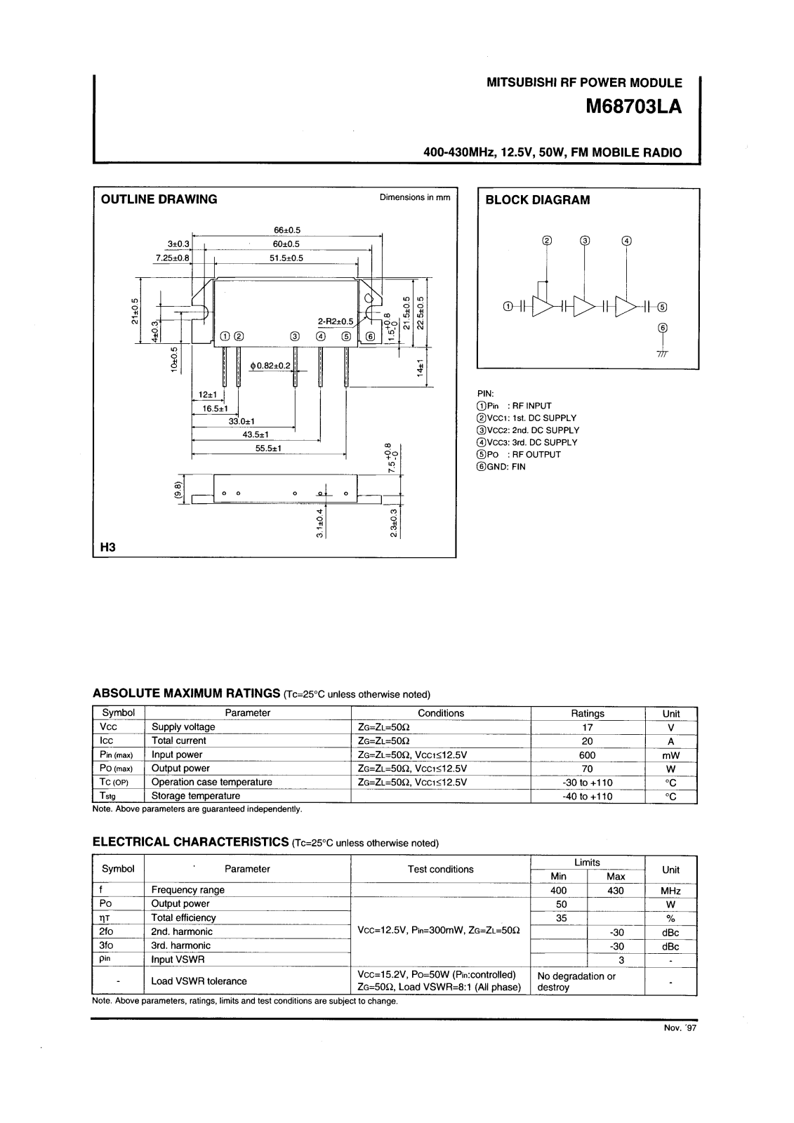 Mitsubishi M68703LA Datasheet