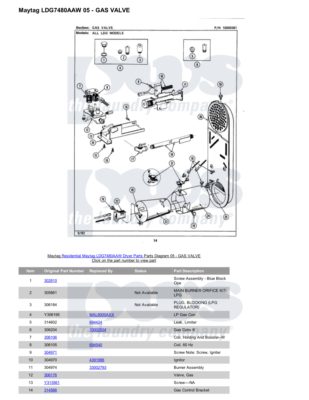 Maytag LDG7480AAW Parts Diagram