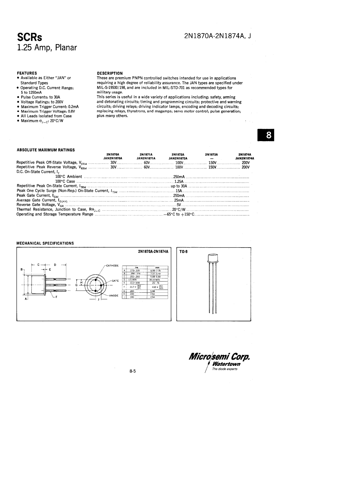 Microsemi Corporation 2N1873, 2N1872A, 2N1872, 2N1871A, 2N1871 Datasheet