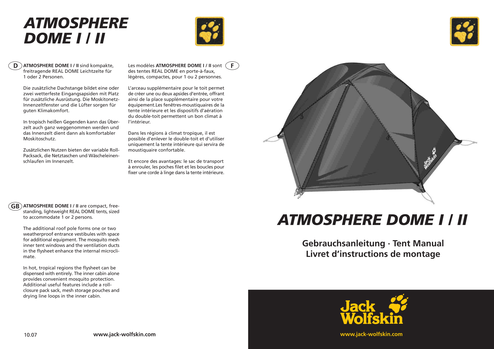 Jack Wolfskin Atmosphere Dome I, Atmosphere Dome II User Manual