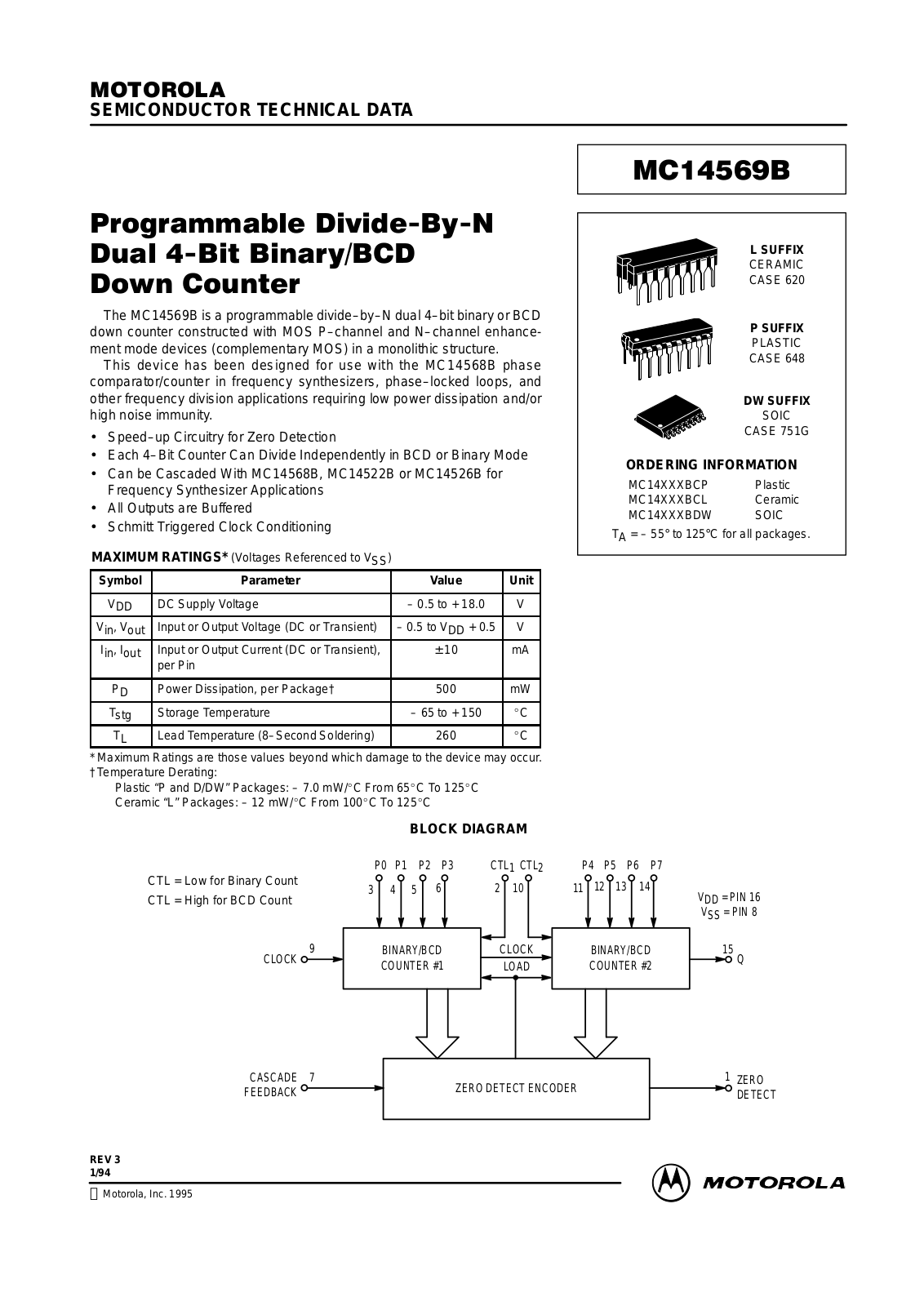 Motorola MC14569BCL, MC14569BCP, MC14569BDW Datasheet