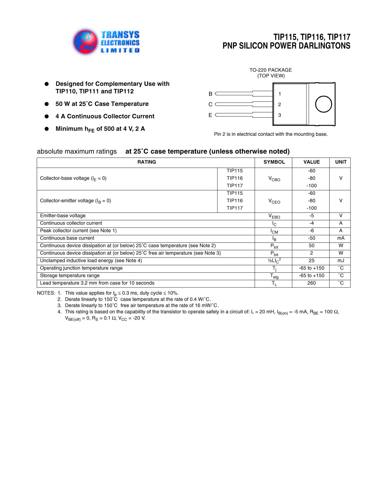 TEL TIP117, TIP116, TIP115 Datasheet