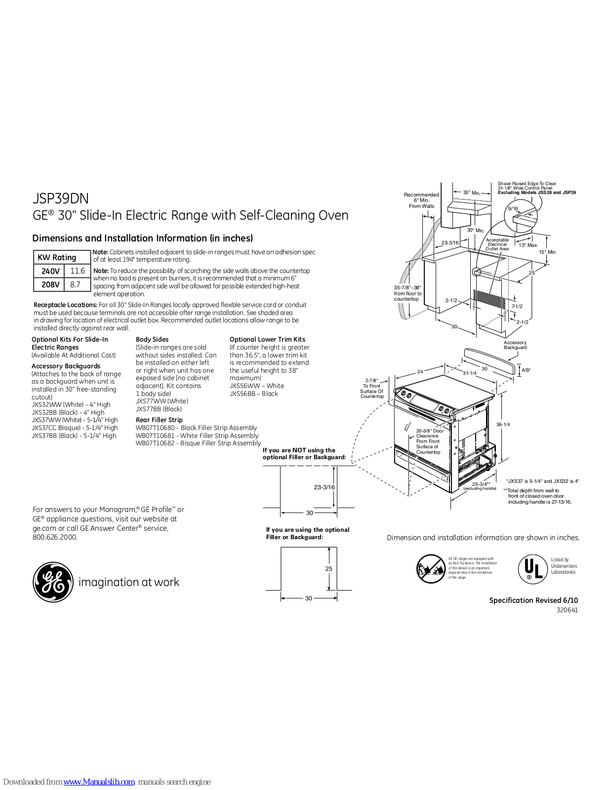 GE JSP39DN, JSP39DNWW, JSP39DNCC, JSP39DNBB Dimensions And Installation Information