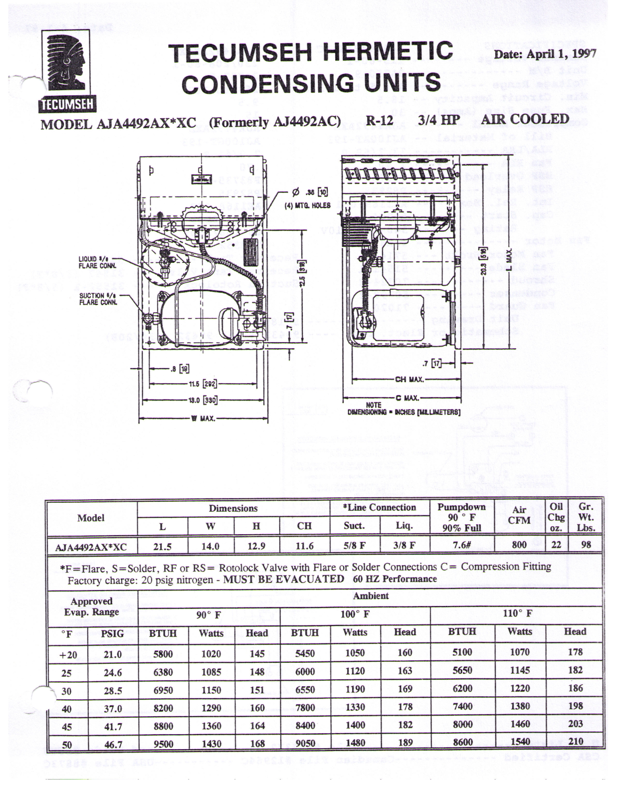 Tecumseh AJA4492AXAXC Performance Data Sheet