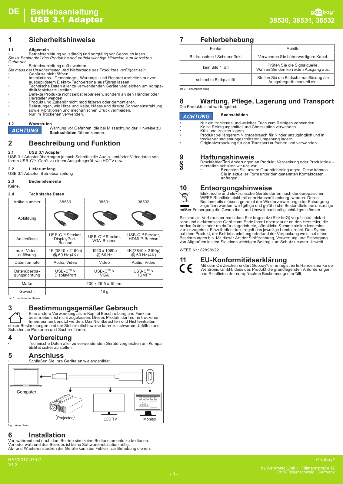 Goobay USB 3.1 Adapter Operating instructions