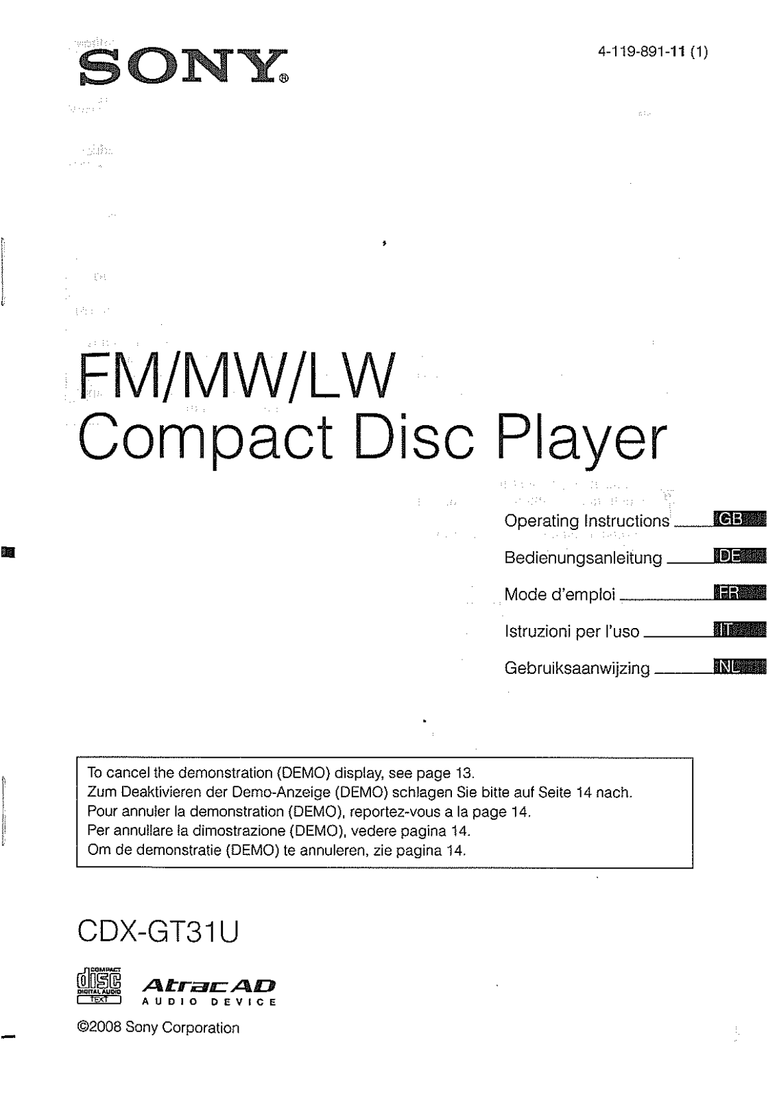 Sony CDX-GT31U Operation Manual