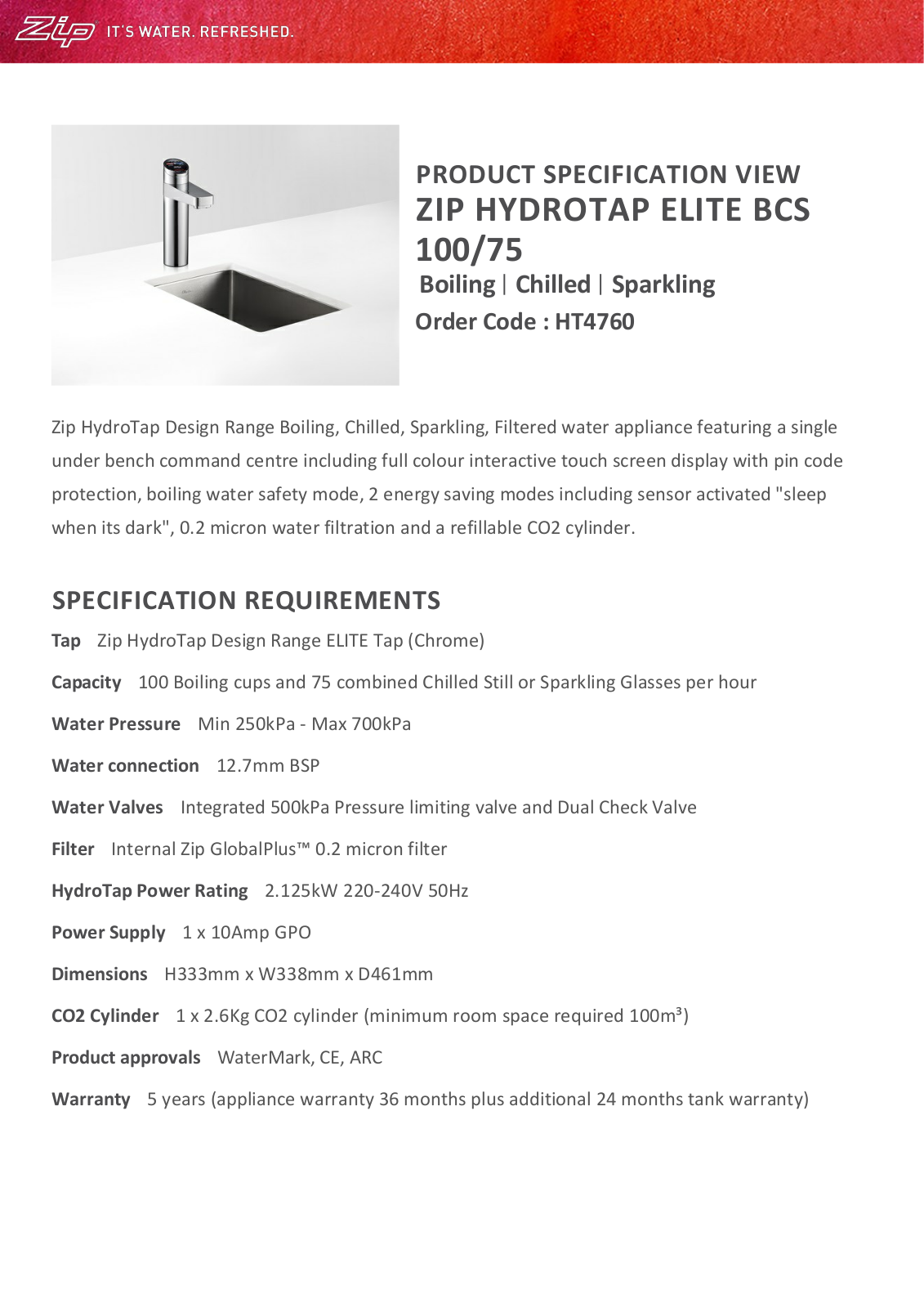 Zip HT4760-91295 Specifications Sheet