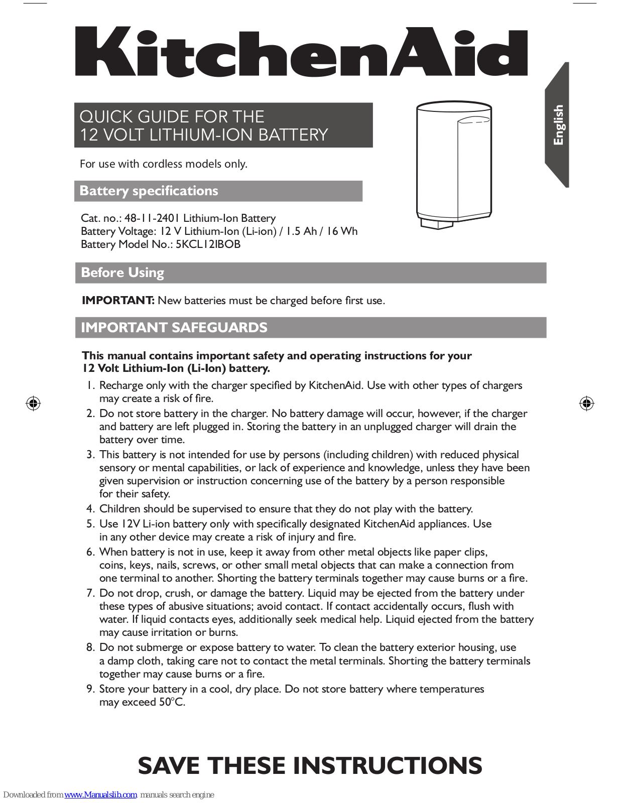 KitchenAid 5KCL12IBOB Quick Manual