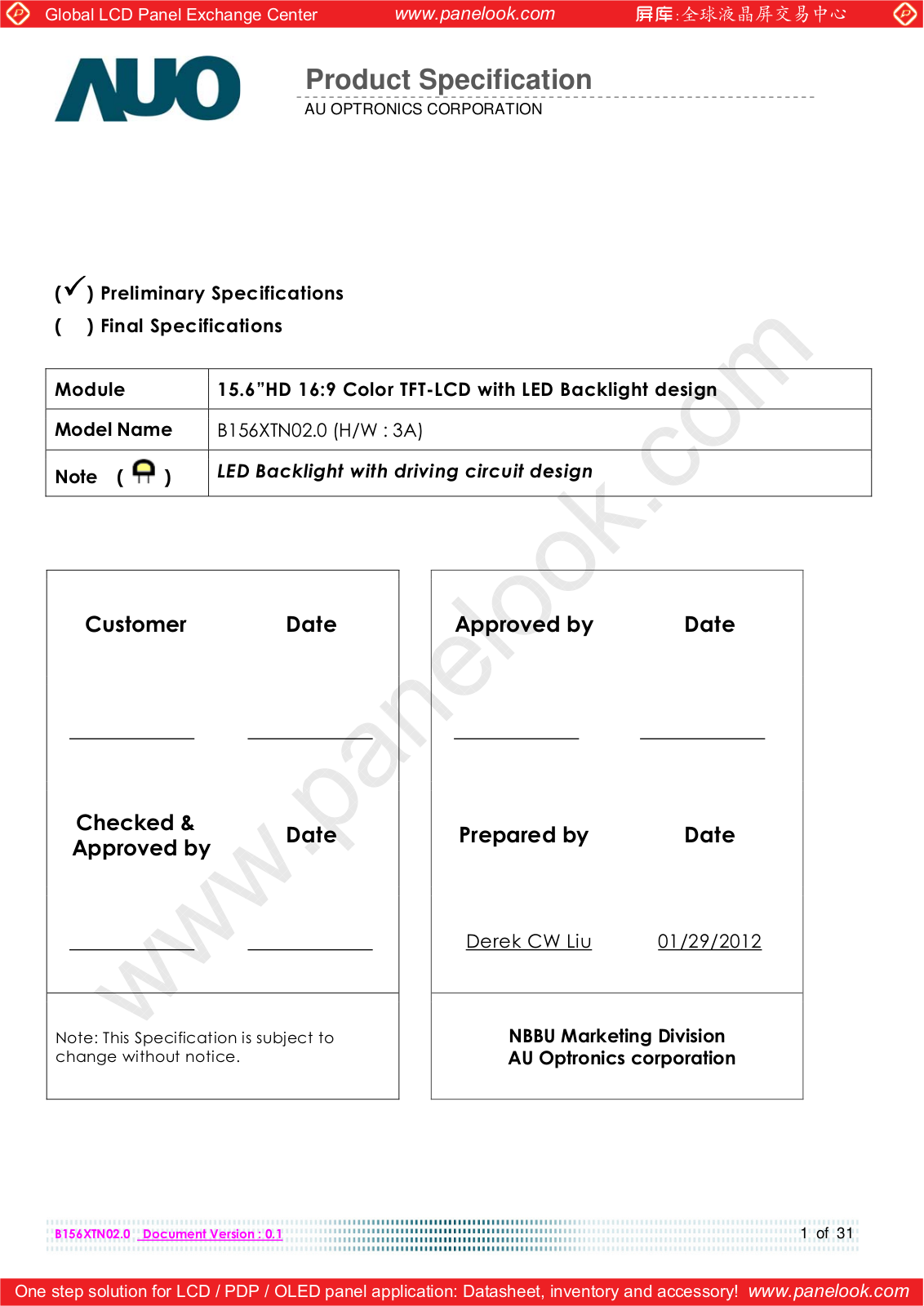 AUO B156XTN02.0 Specification