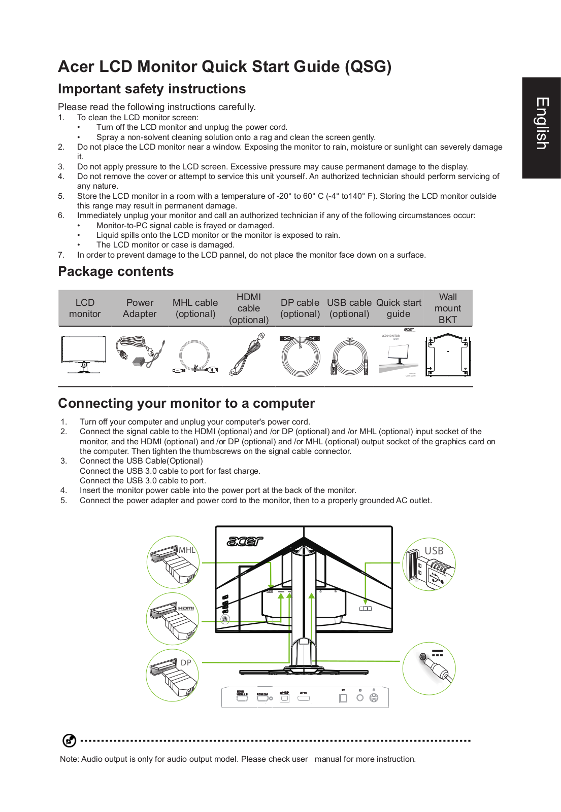 Acer XZ271 QUICK START GUIDE