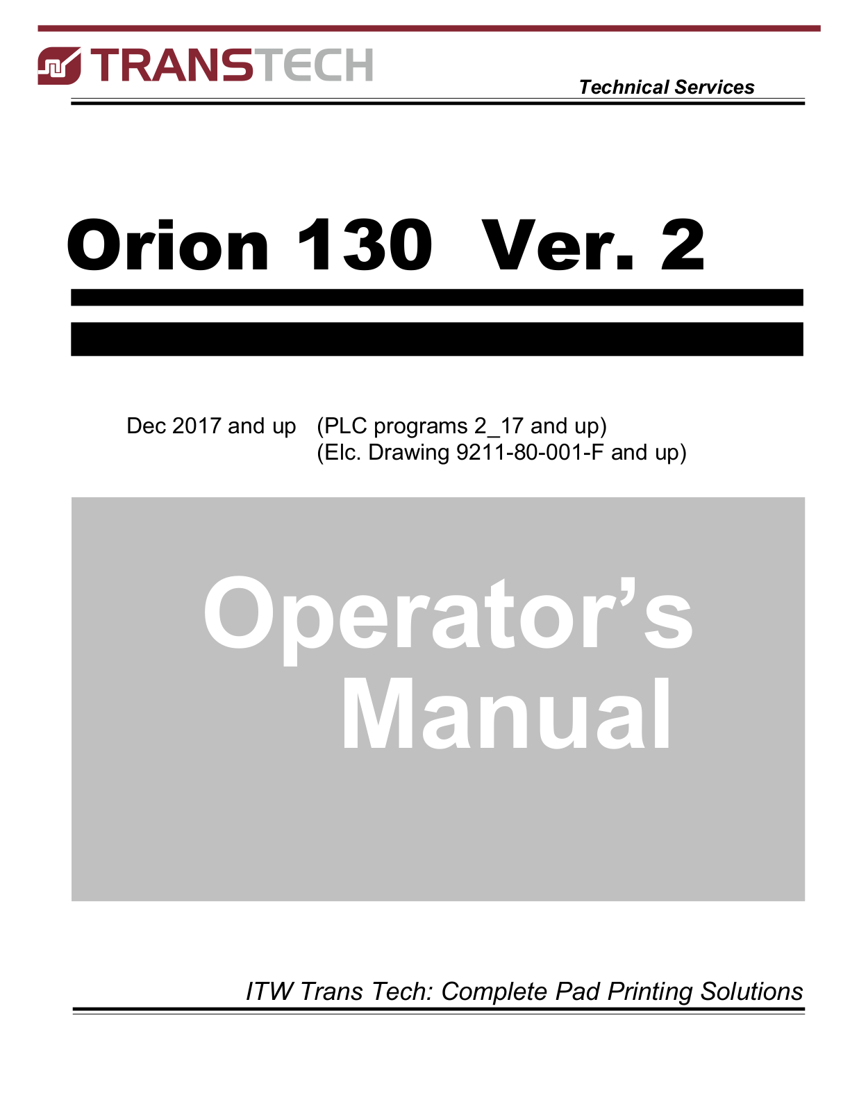 ITW Trans Tech Orion 130 Operator's Manual