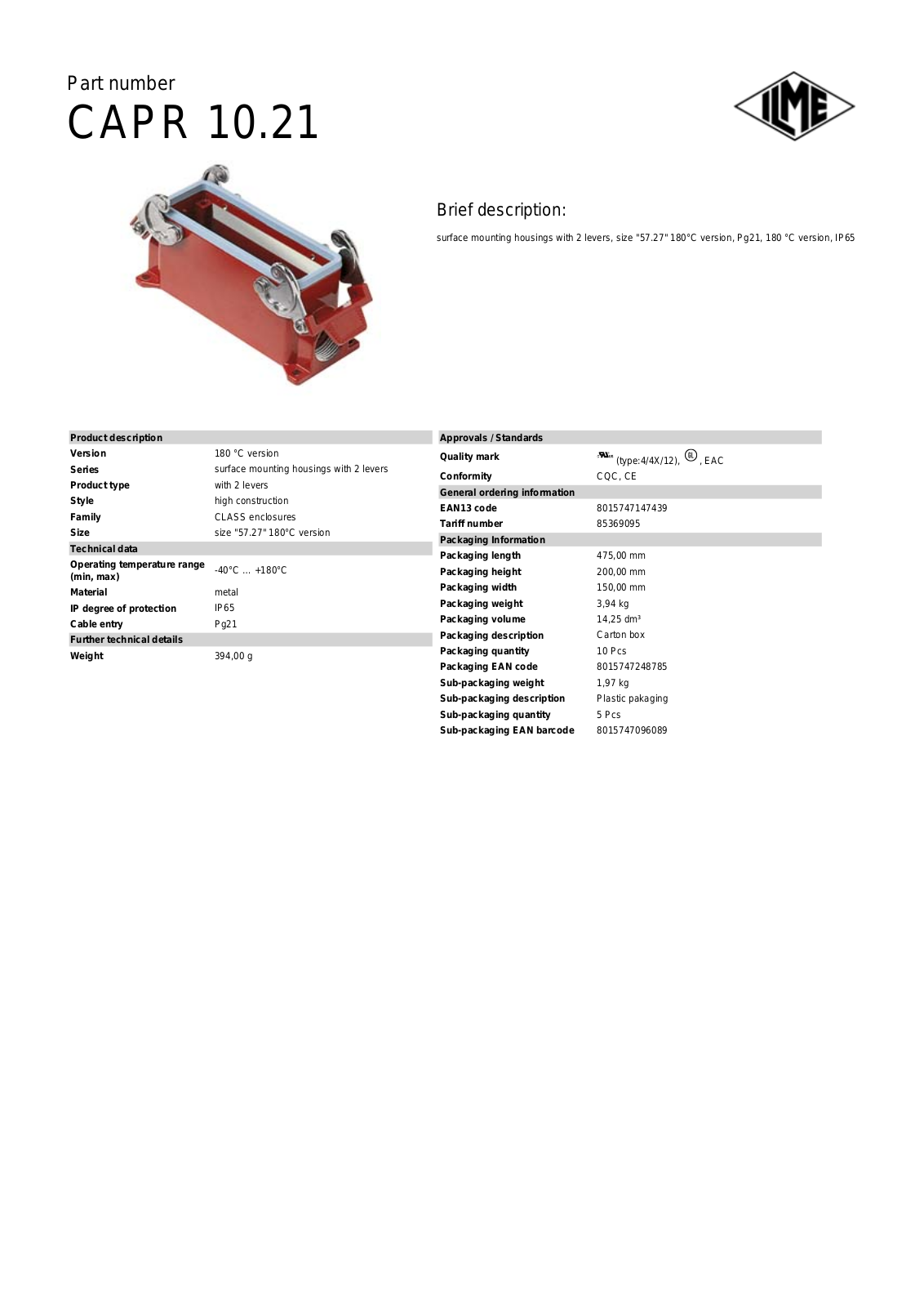 Datasheet CAPR-10.21 Datasheet (ILME) - ManualMachine.com
