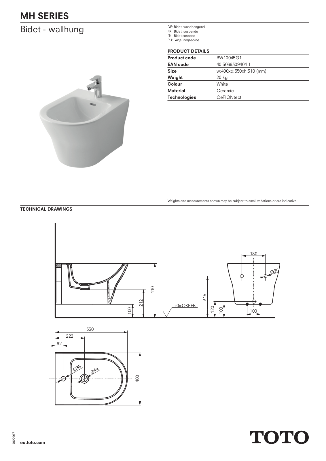 TOTO BW10045G1 Datasheet