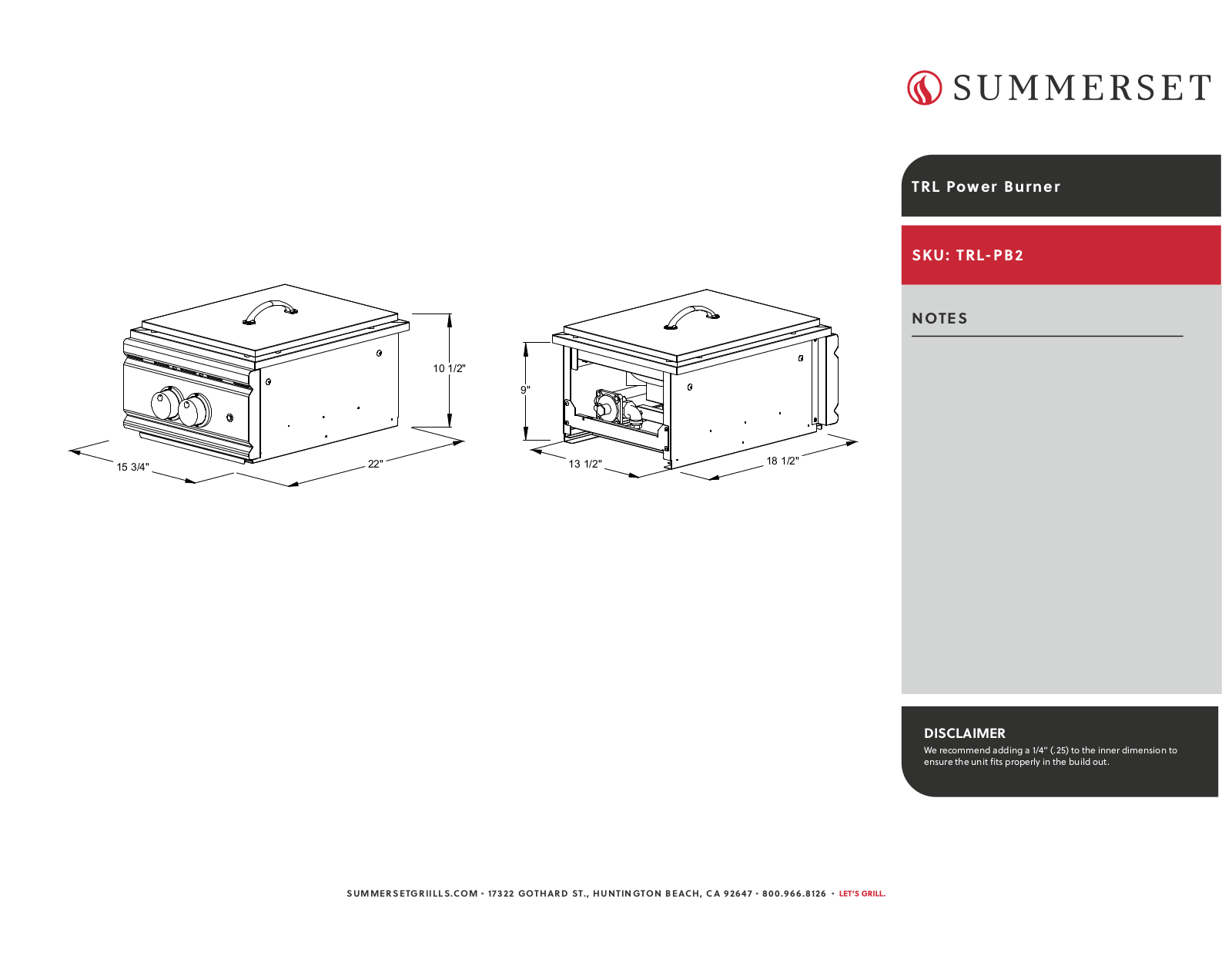Summerset TRLPB2-NG Line Drawing - ManualMachine.com