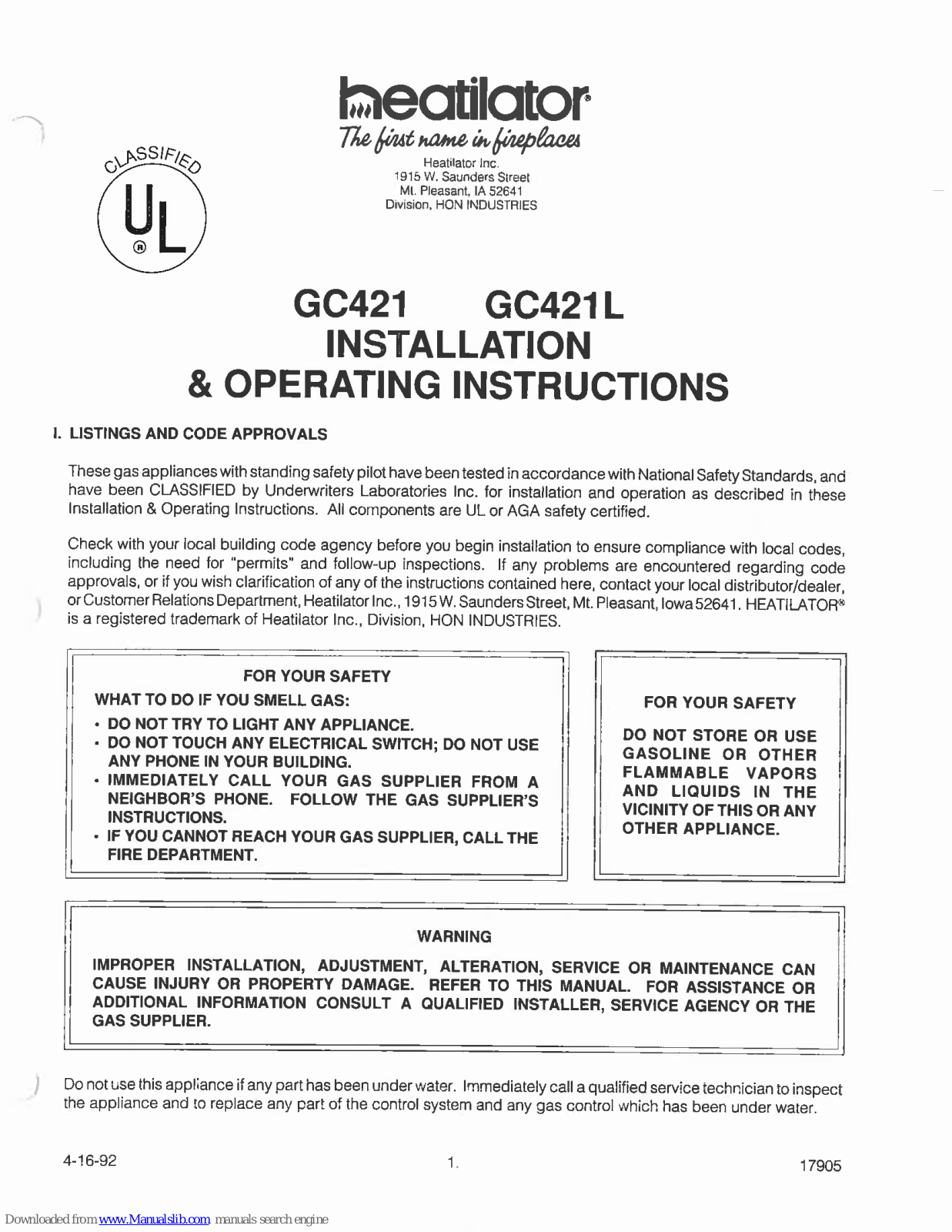 Heatilator GC421, GC421L Installation & Operating Instructions Manual