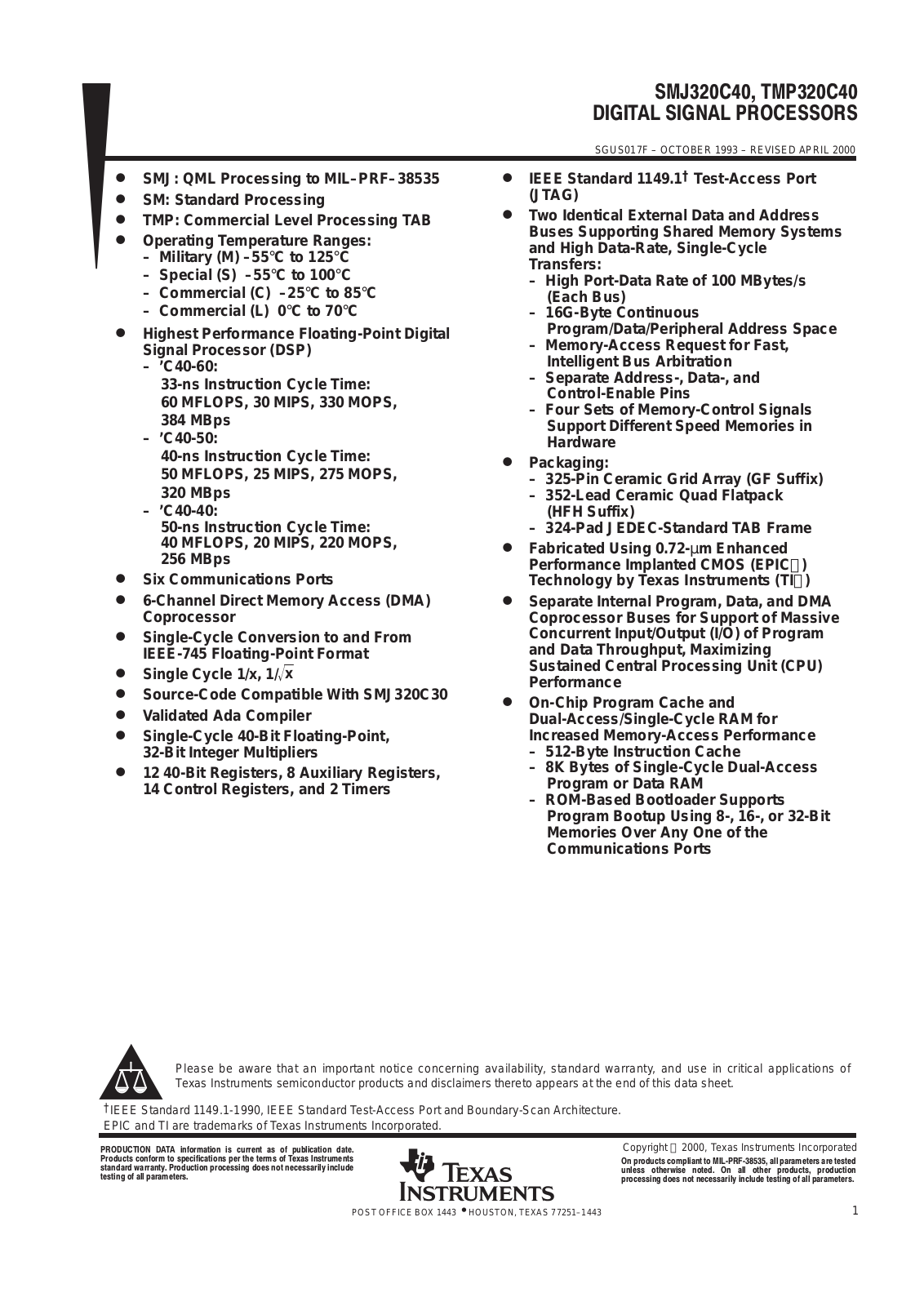 Texas Instruments SM320C40GFM33, SM320C40GFM40, SM320C40GFM50, SM320C40GFS60, SM320C40HFHM33 Datasheet