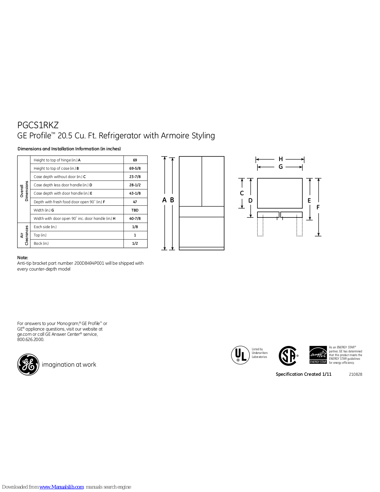 GE Profile PGCS1RKZSS, Profile PGCS1RKZ Dimensions And Installation Information