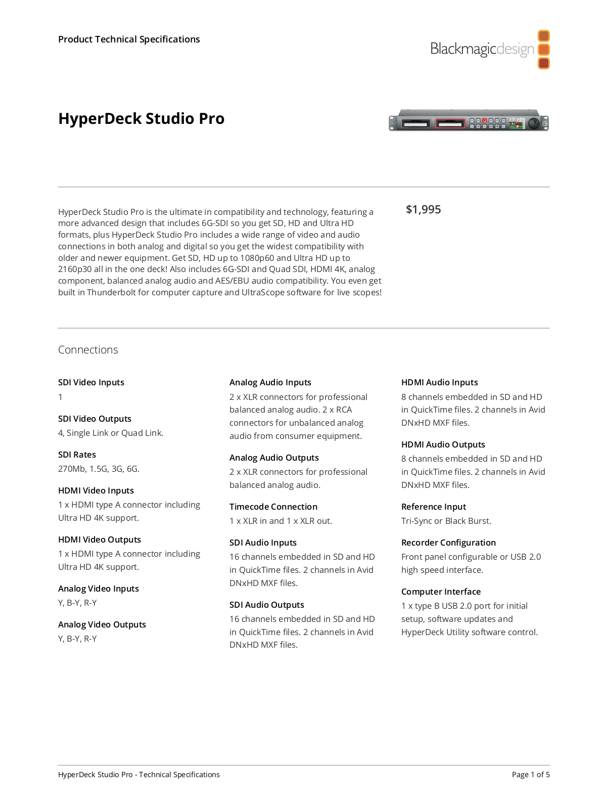 Blackmagic Design HyperDeck Studio Pro 2 Specifications