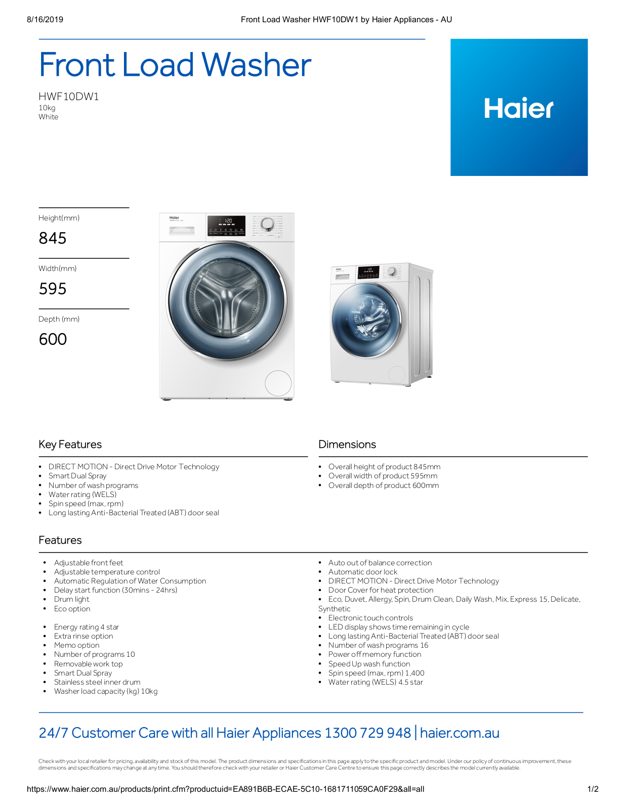 Haier HWF10DW1 Specifications Sheet