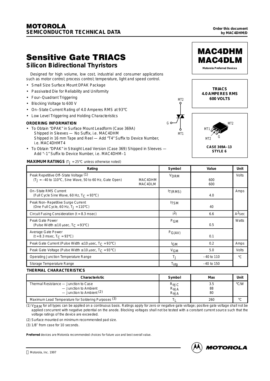 Motorola MAC4DHN, MAC4DHM Datasheet