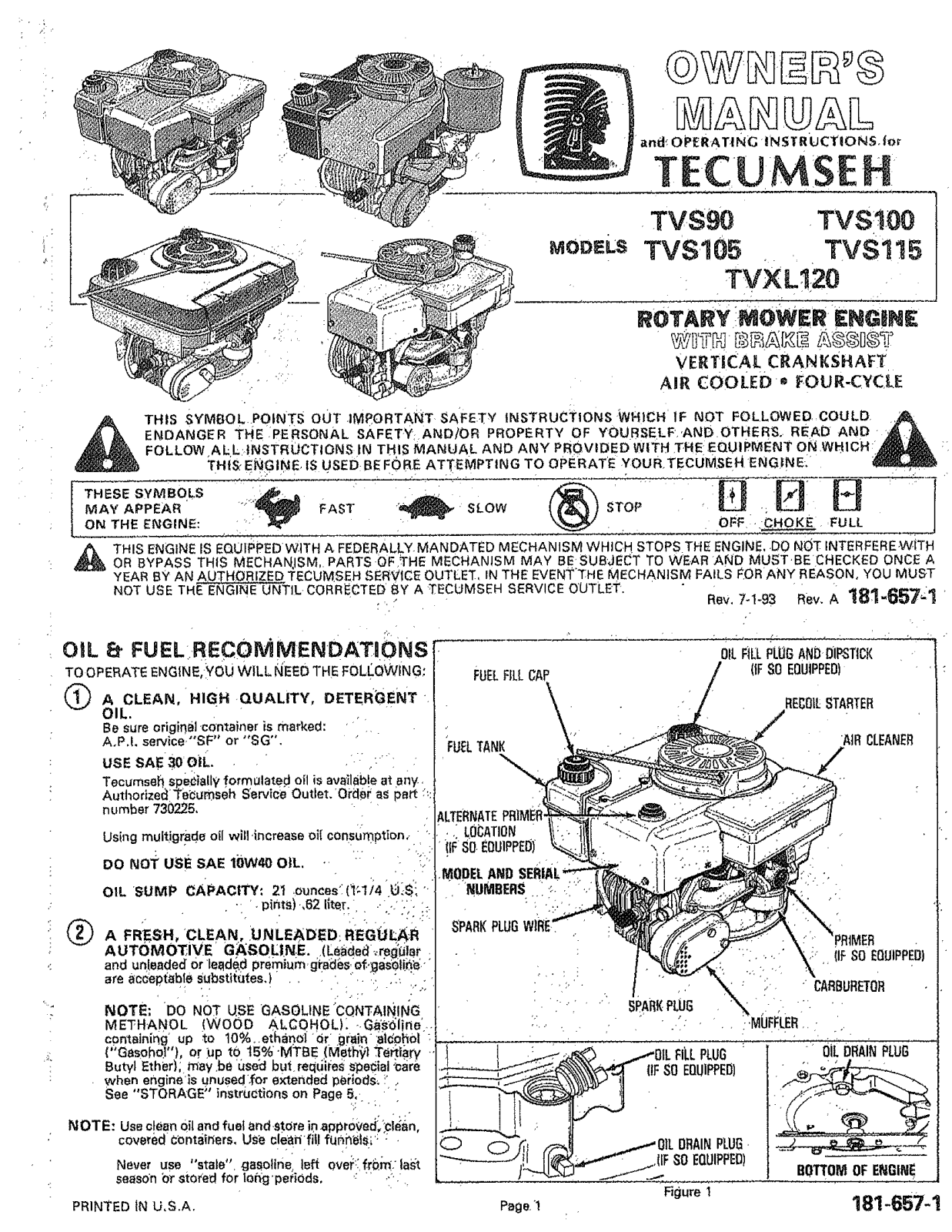 tecumseh tvs90, tvs105, tvxl120, tvs100, tvs115 owners Manual