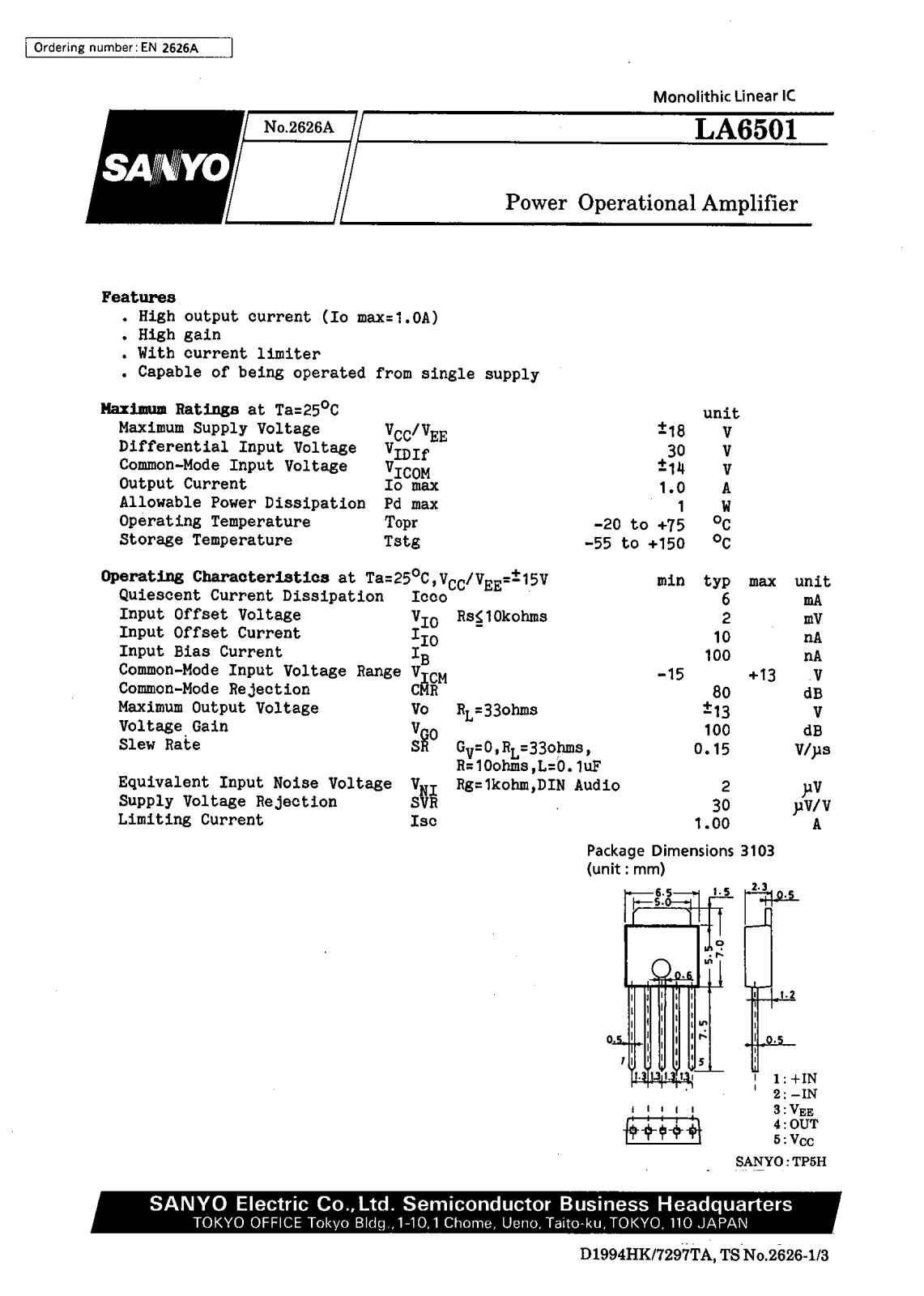 SANYO LA6501 Datasheet