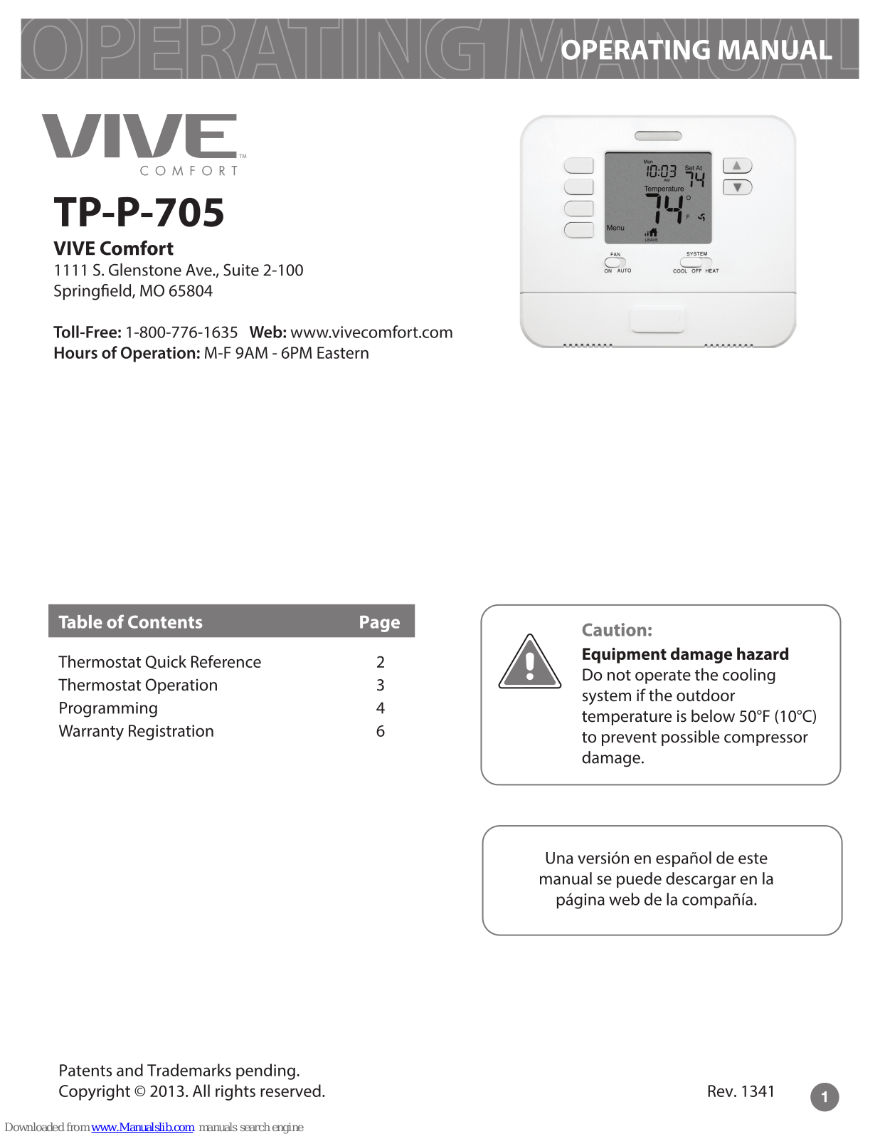 Vive Comfort TP-P-705 Operating Manual