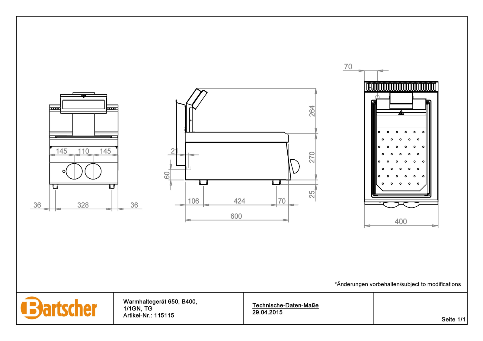 Bartscher 145350 Dimensions