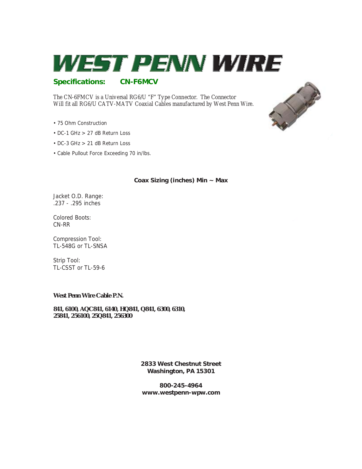 West Penn CN-F6MCV Specsheet