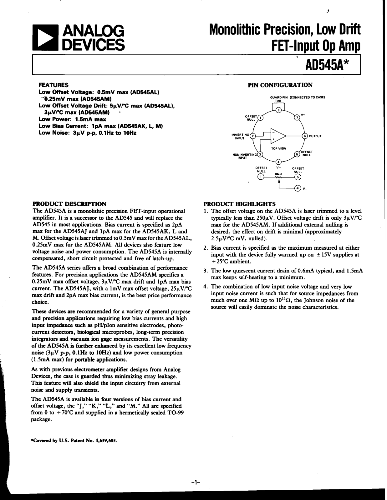 Analog Devices AD545A Datasheet