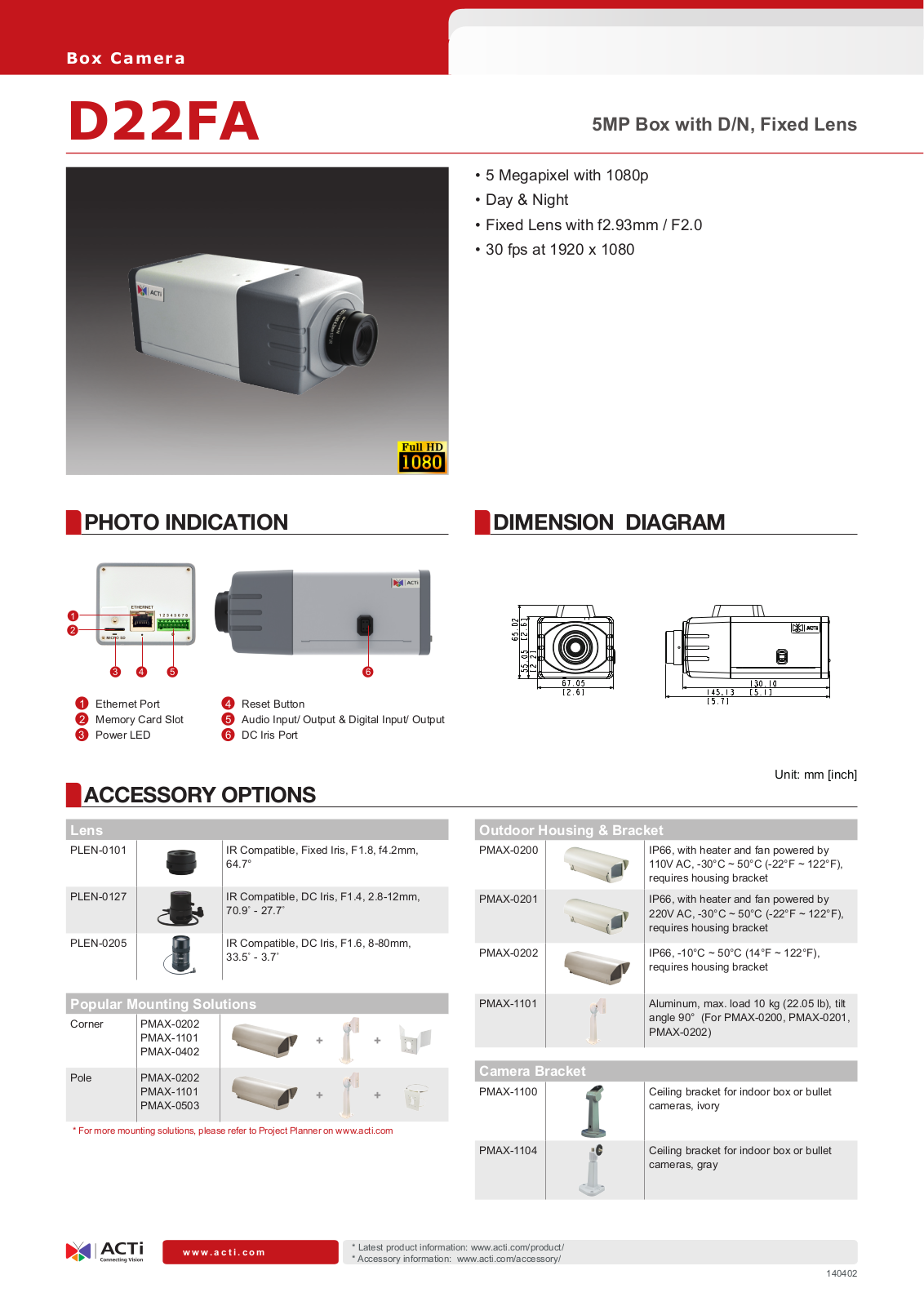 ACTi D22FA Specsheet