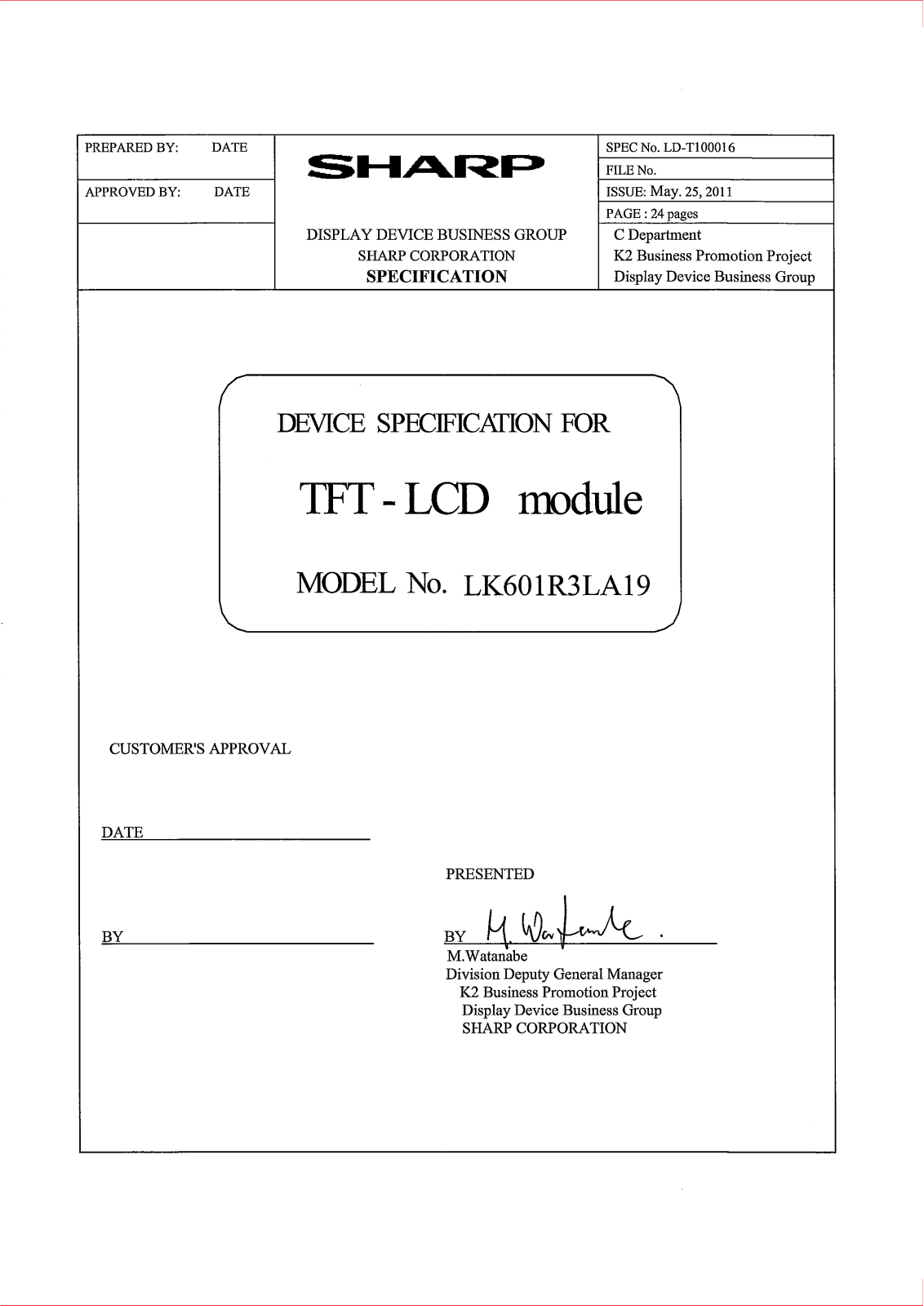 SHARP LK601R3LA19 Specification