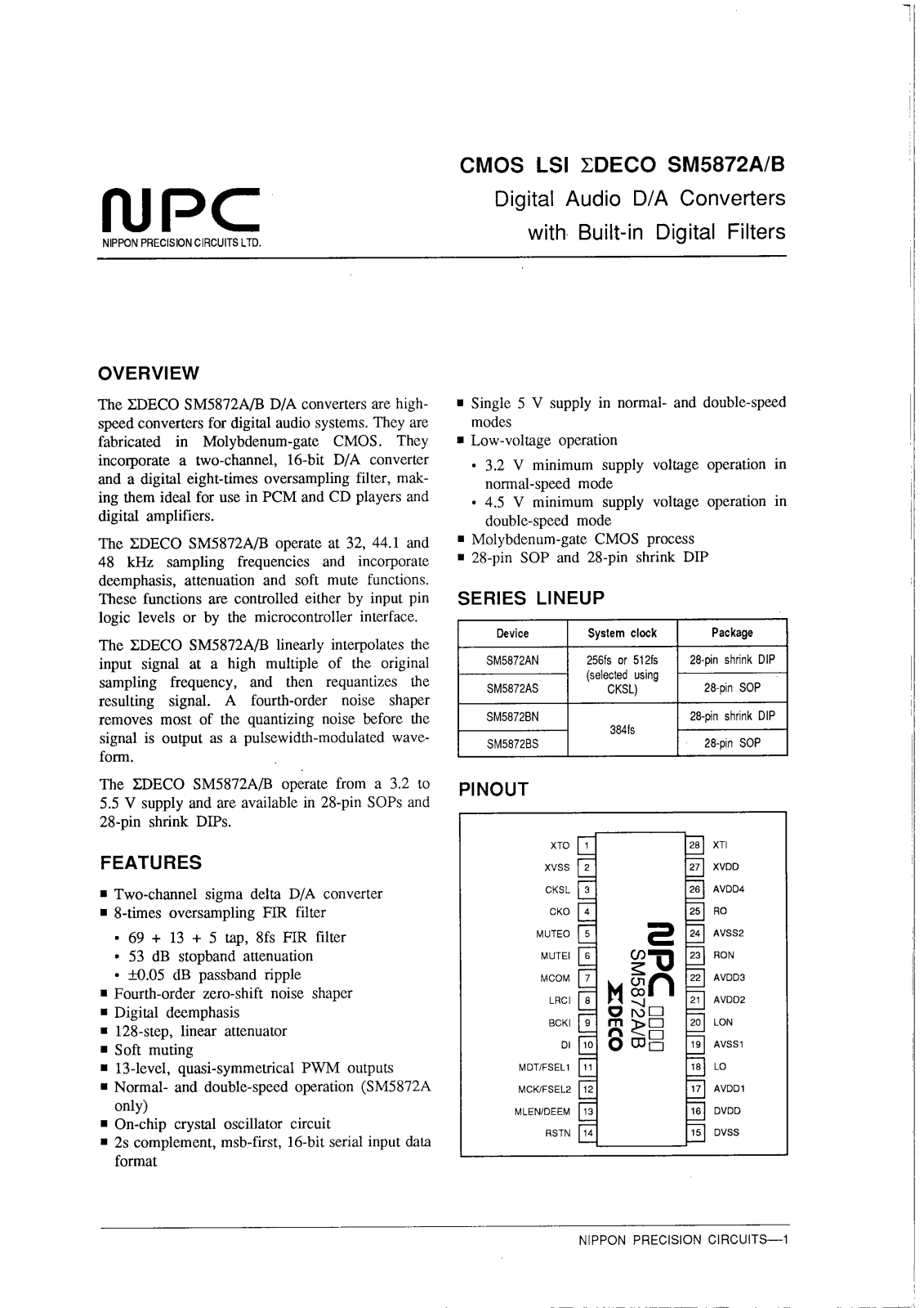 NPC SM5872AN, SM5872AS, SM5872BN, SM5872BS Datasheet