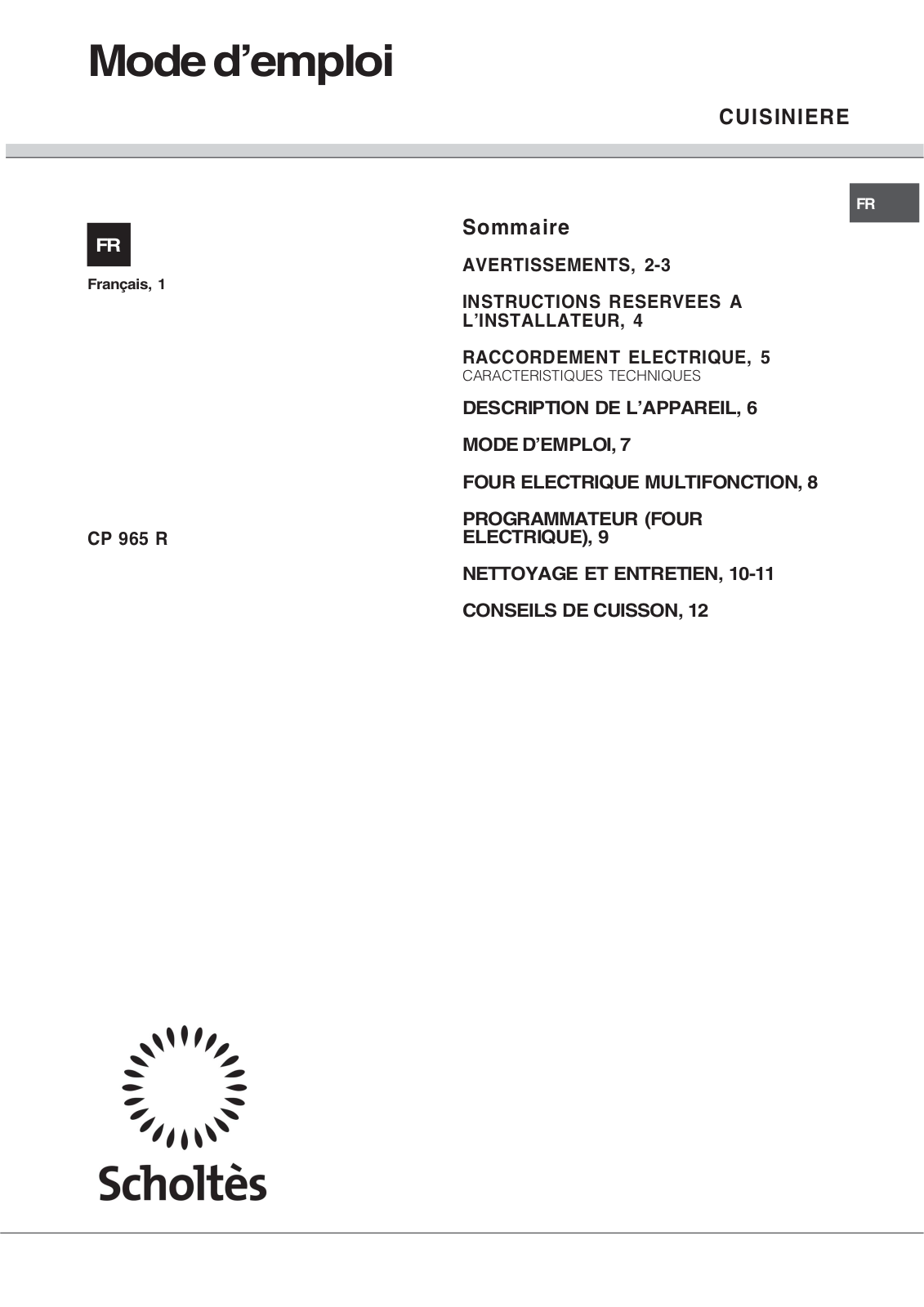 SCHOLTES CP 956 User Manual