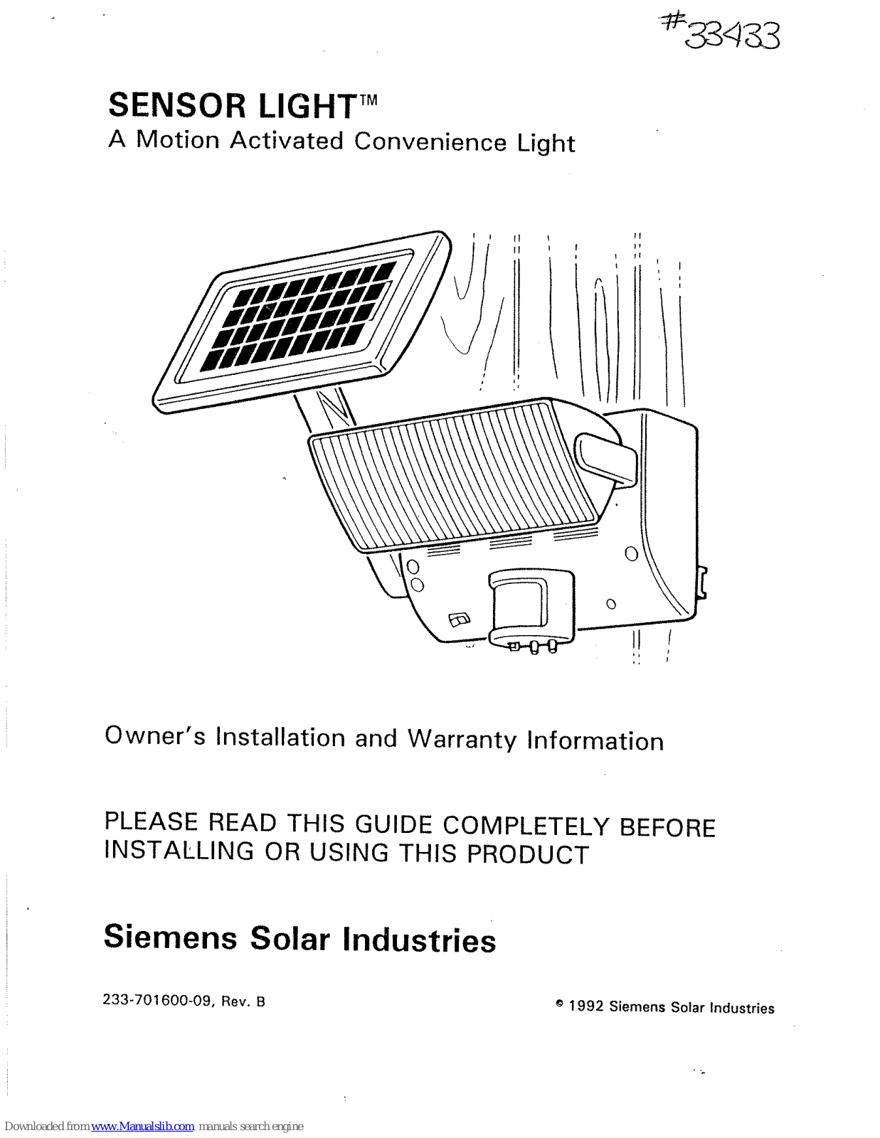 Siemens Sensor Light Owner's Manual