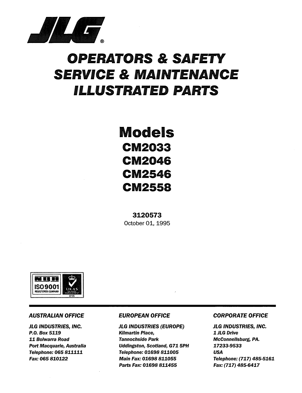 JLG CM2033, CM2046, CM2546, CM2558, 40HA Operators & Safety Service & Maintenance Illustrated Parts